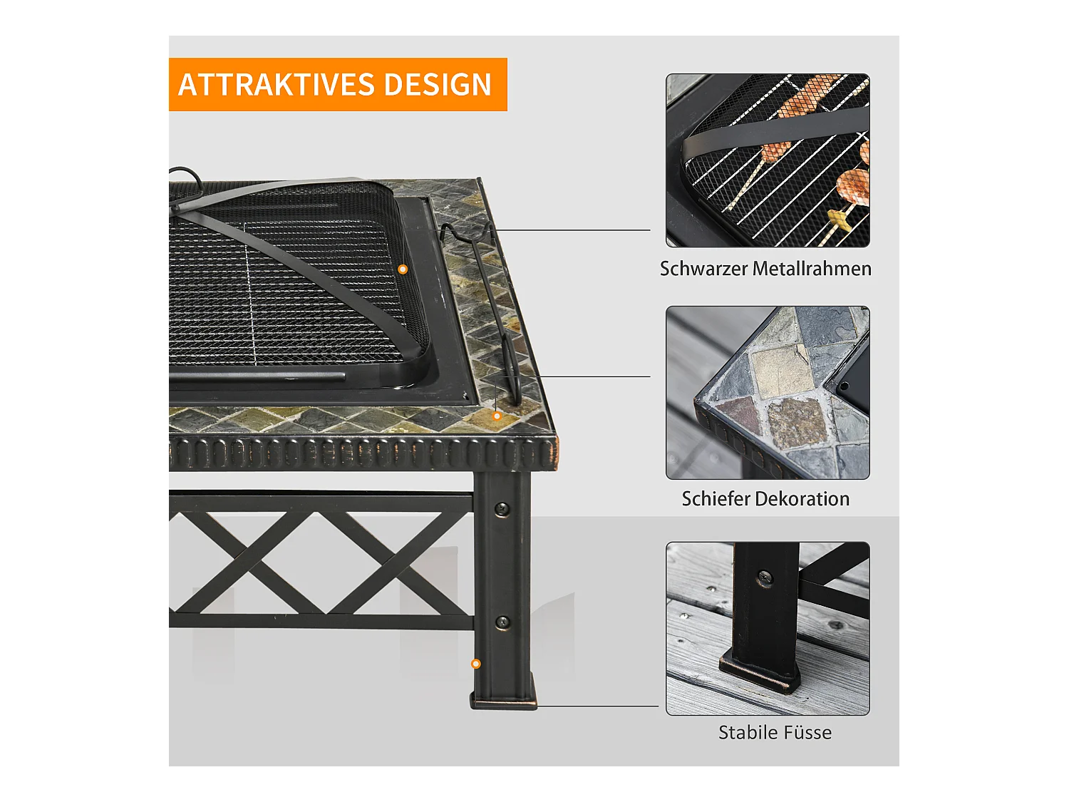 Brasero carré multifonction avec grill, pare-étincelles et seau à glace, acier noir (76x76x47cm)