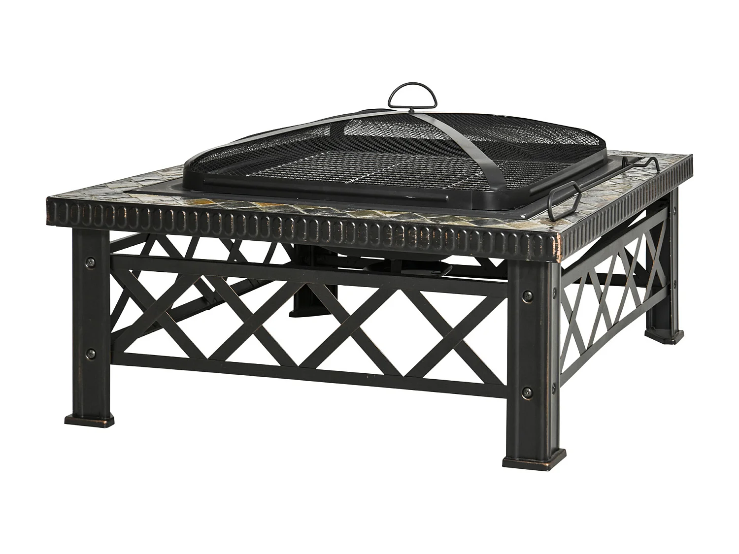 Braciere quadrato multifunzione con griglia, parascintille e secchiello per il ghiaccio, acciaio nero (76x76x47cm)