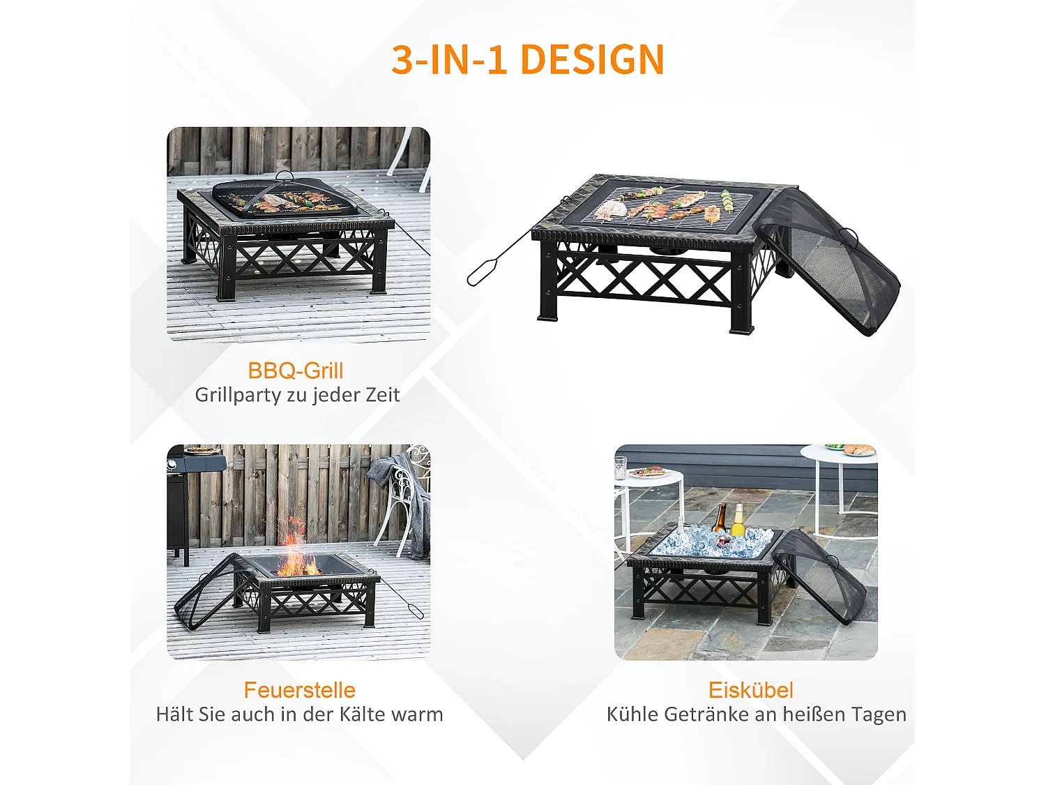 Braciere quadrato multifunzione con griglia, parascintille e secchiello per il ghiaccio, acciaio nero (76x76x47cm)