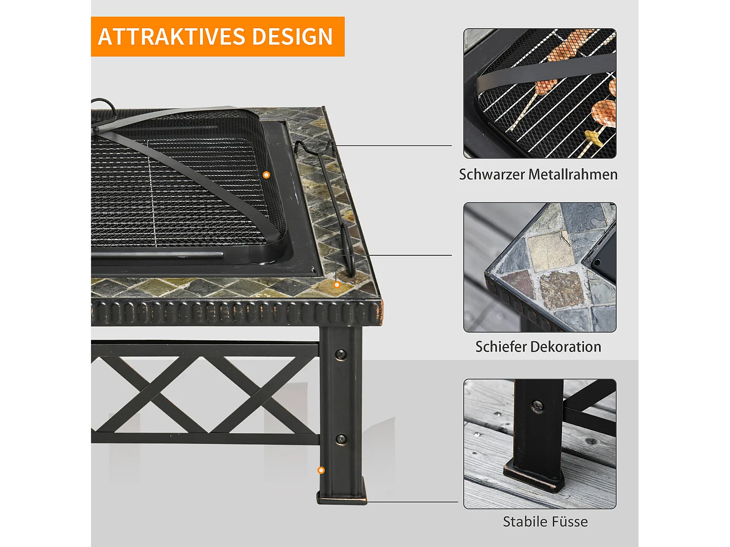 Braciere quadrato multifunzione con griglia, parascintille e secchiello per il ghiaccio, acciaio nero (76x76x47cm)