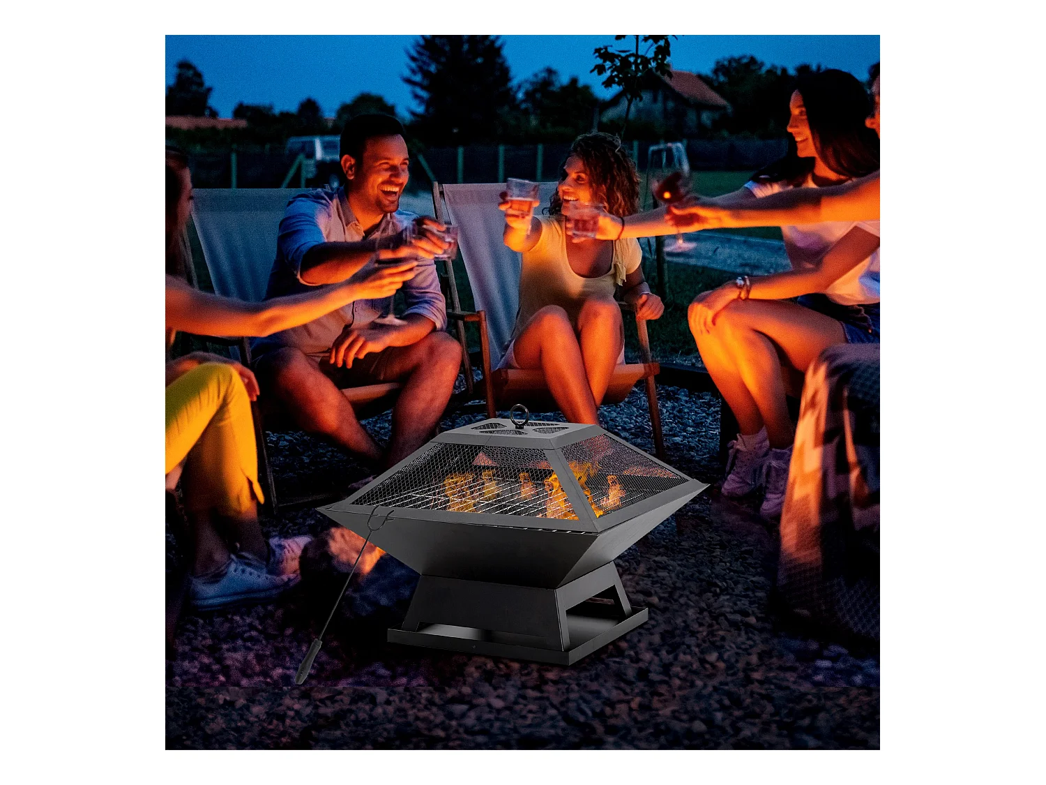 Tuinvuurschaal met kookrooster, vonkenvanger, staal, zwart (45x45x34 cm)