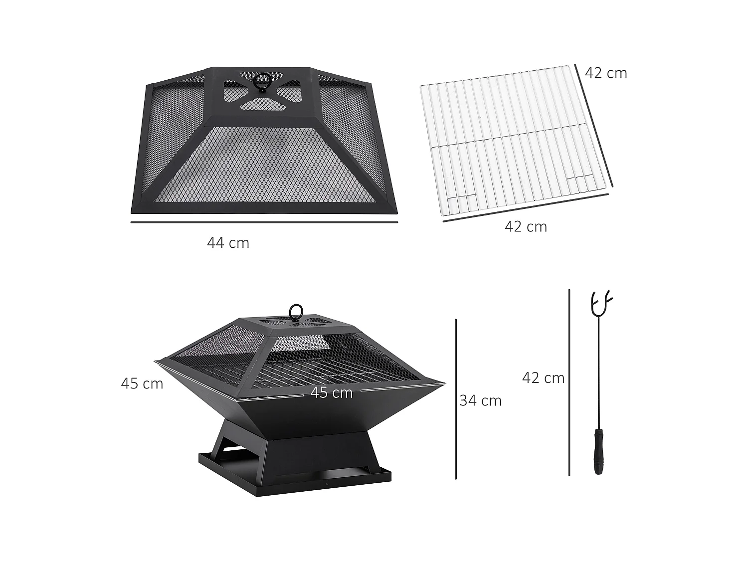 Tuinvuurschaal met kookrooster, vonkenvanger, staal, zwart (45x45x34 cm)
