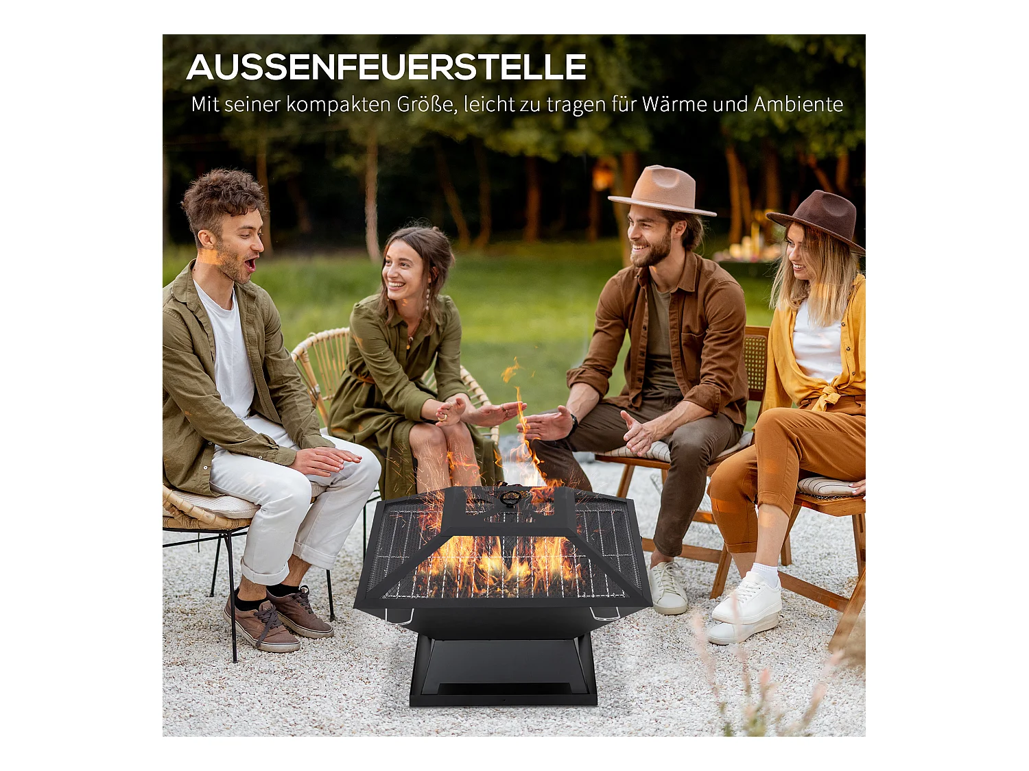 Tuinvuurschaal met kookrooster, vonkenvanger, staal, zwart (45x45x34 cm)