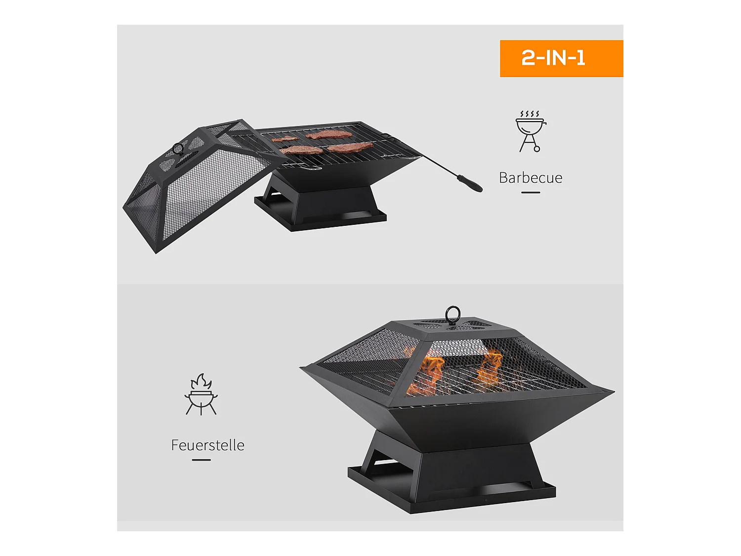 Tuinvuurschaal met kookrooster, vonkenvanger, staal, zwart (45x45x34 cm)