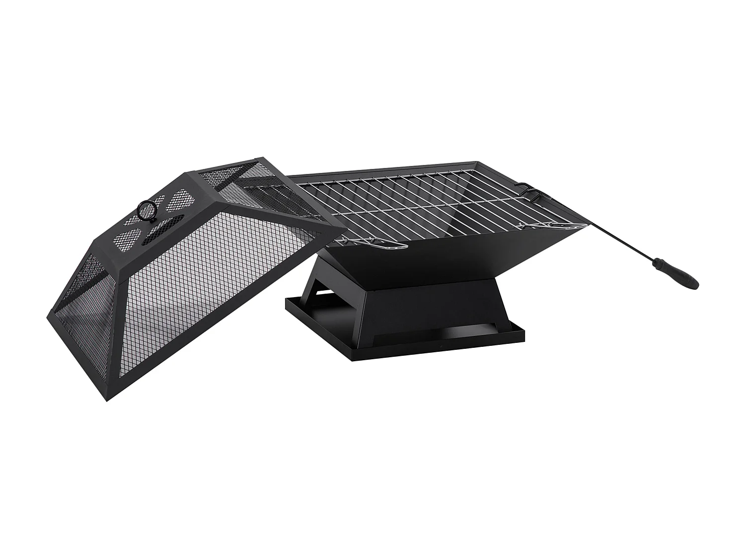 Braciere da giardino con griglia di cottura, protezione antiscintille, acciaio, nero (45x45x34 cm)