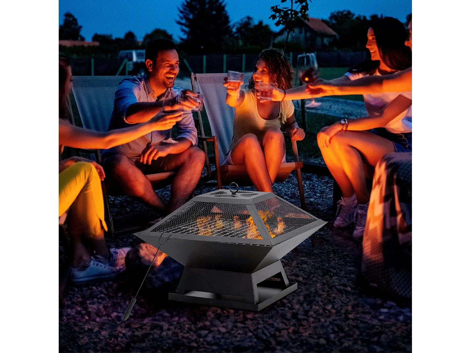 Braciere da giardino con griglia di cottura, protezione antiscintille, acciaio, nero (45x45x34 cm)