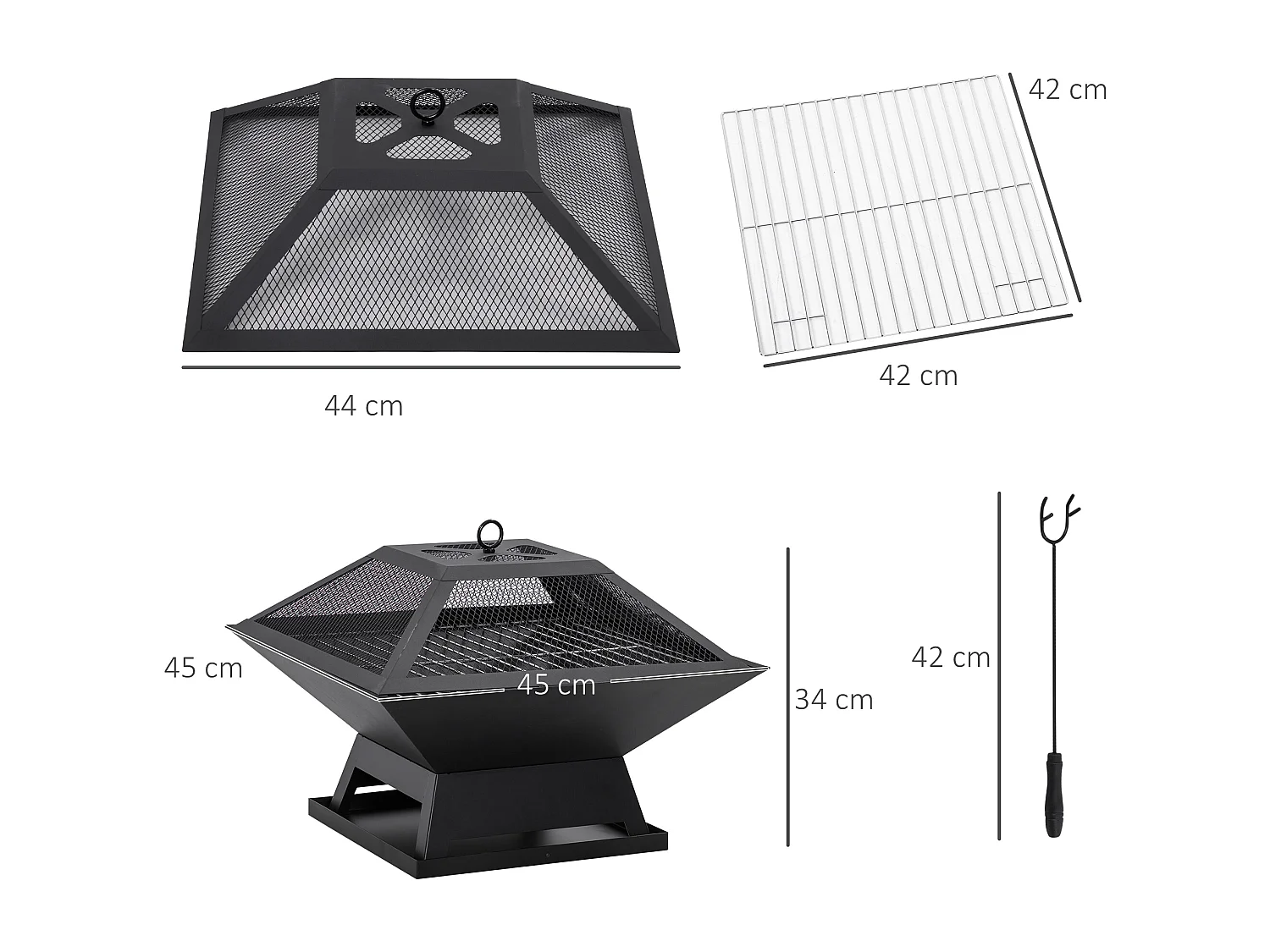 Braciere da giardino con griglia di cottura, protezione antiscintille, acciaio, nero (45x45x34 cm)
