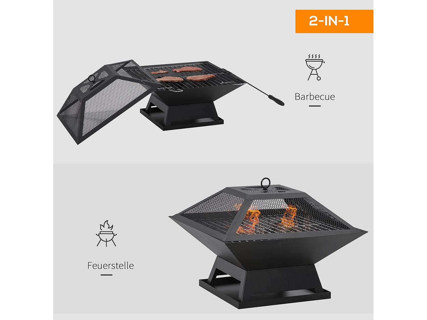 Braciere da giardino con griglia di cottura, protezione antiscintille, acciaio, nero (45x45x34 cm)