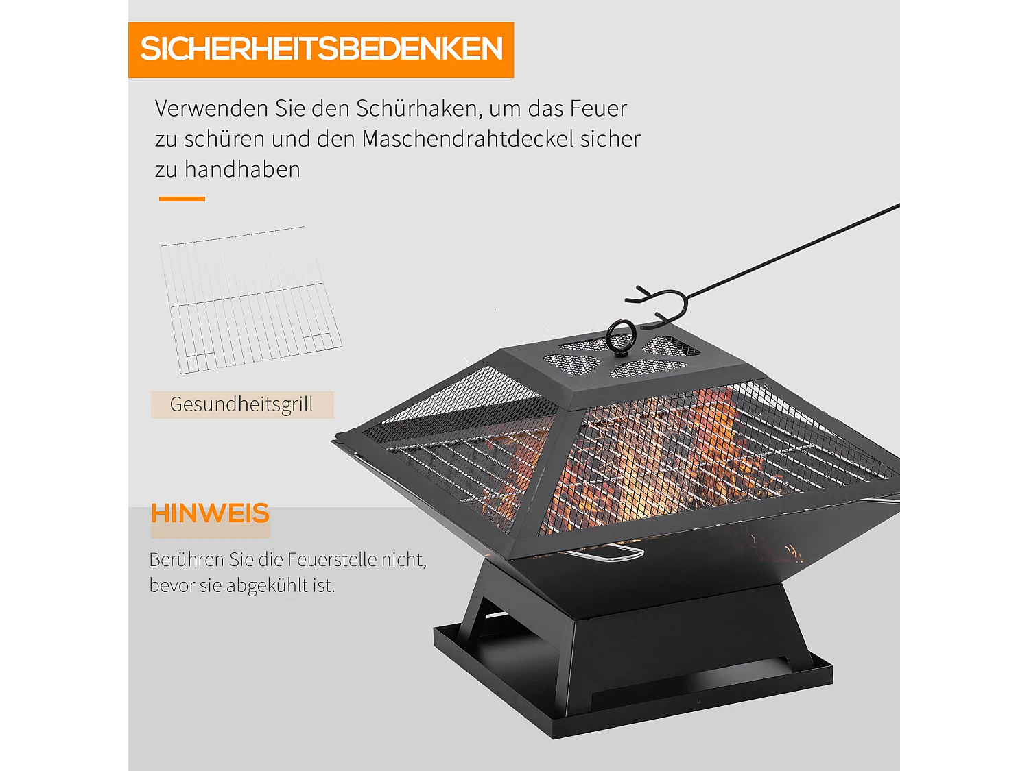 Braciere da giardino con griglia di cottura, protezione antiscintille, acciaio, nero (45x45x34 cm)