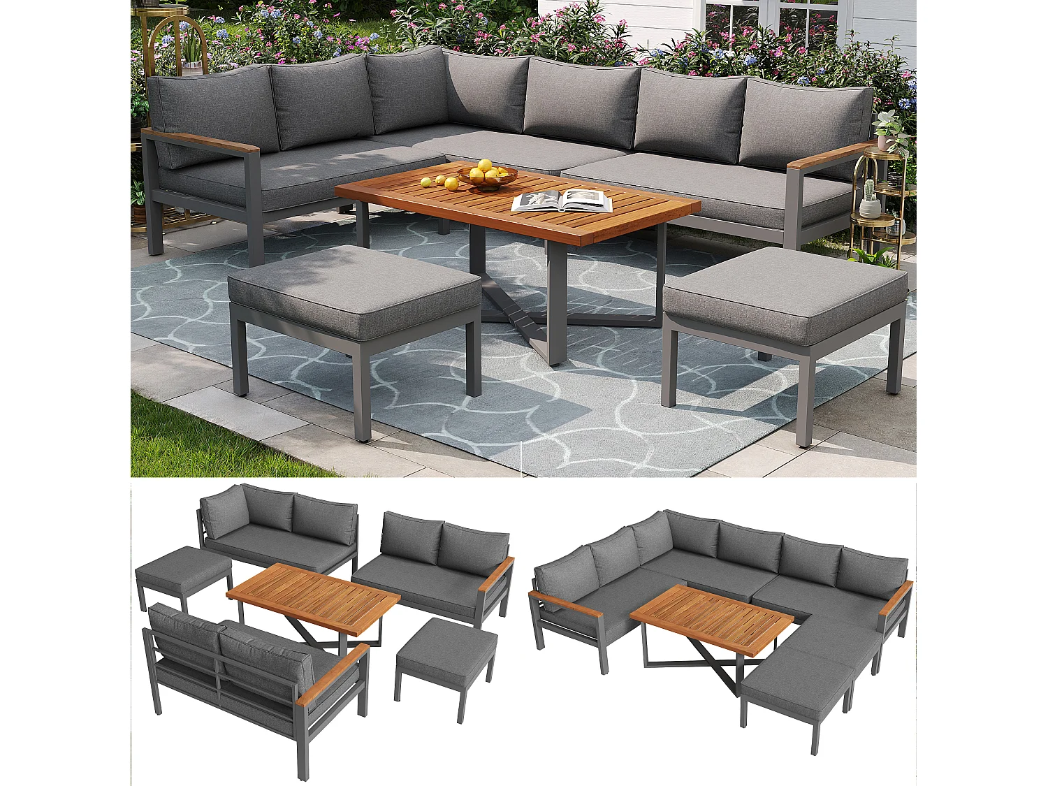 Tuinloungeset voor 7-8 personen, moderne buitenbank met metalen frame, grijs (138x43x92 cm)