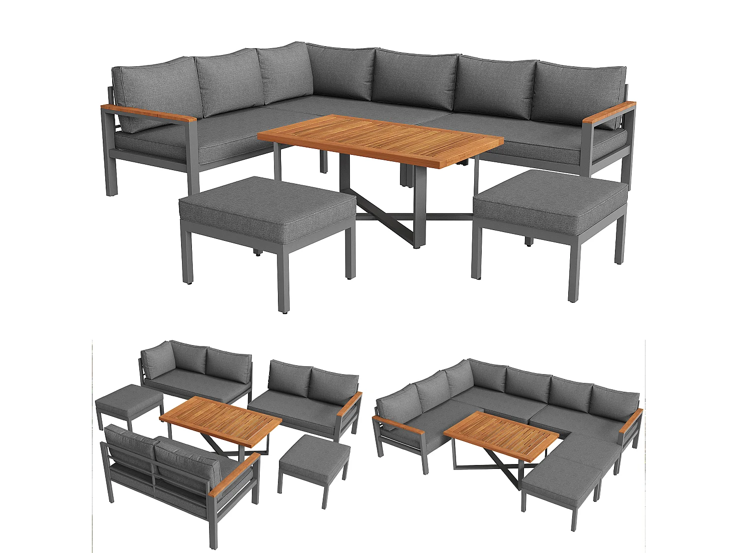 Tuinloungeset voor 7-8 personen, moderne buitenbank met metalen frame, grijs (138x43x92 cm)
