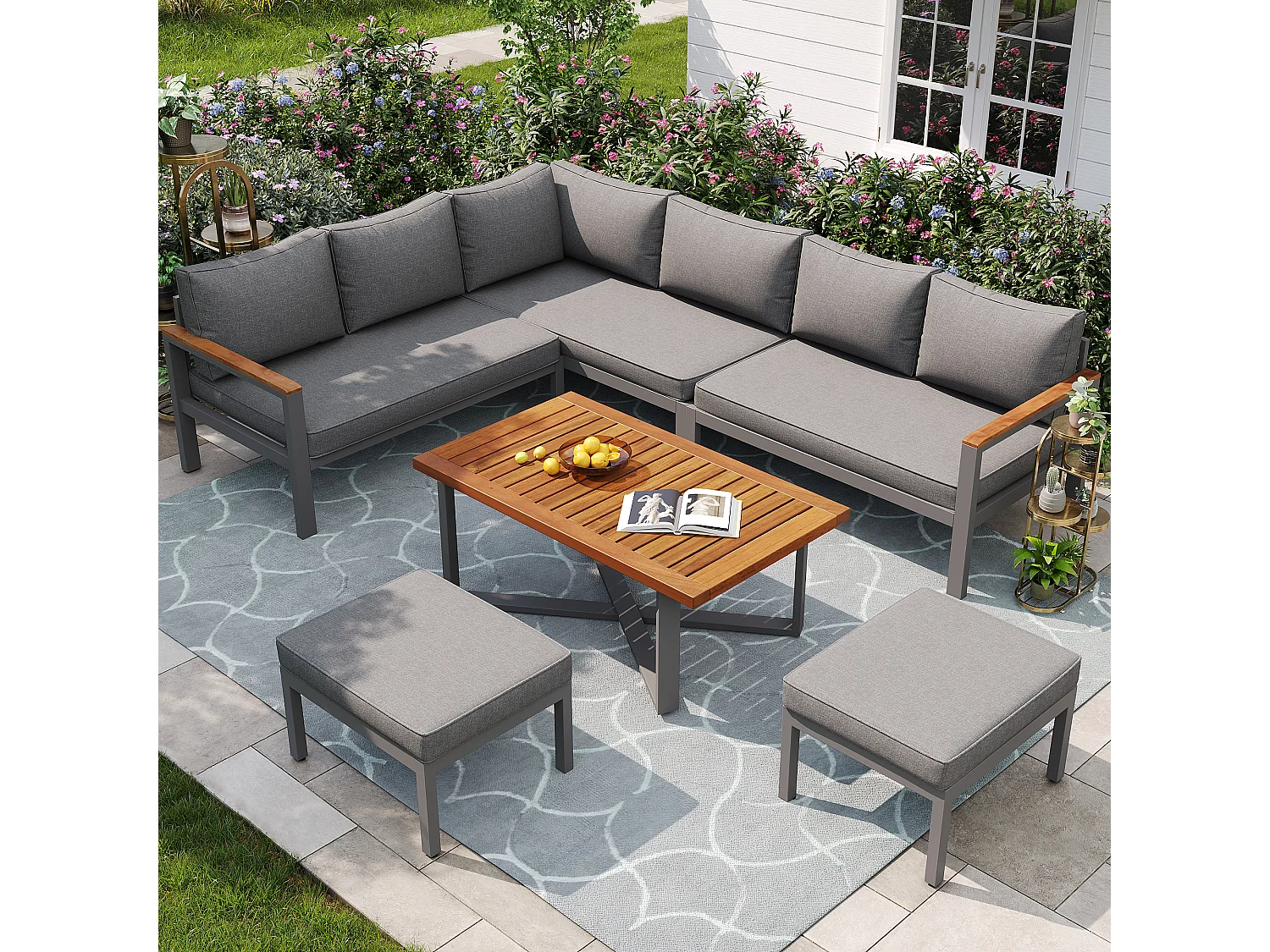 Tuinloungeset voor 7-8 personen, moderne buitenbank met metalen frame, grijs (138x43x92 cm)