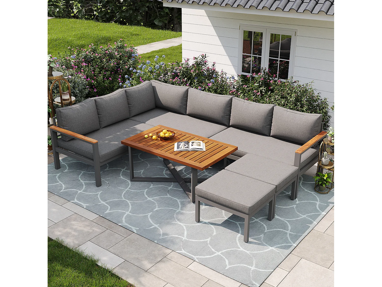 Tuinloungeset voor 7-8 personen, moderne buitenbank met metalen frame, grijs (138x43x92 cm)