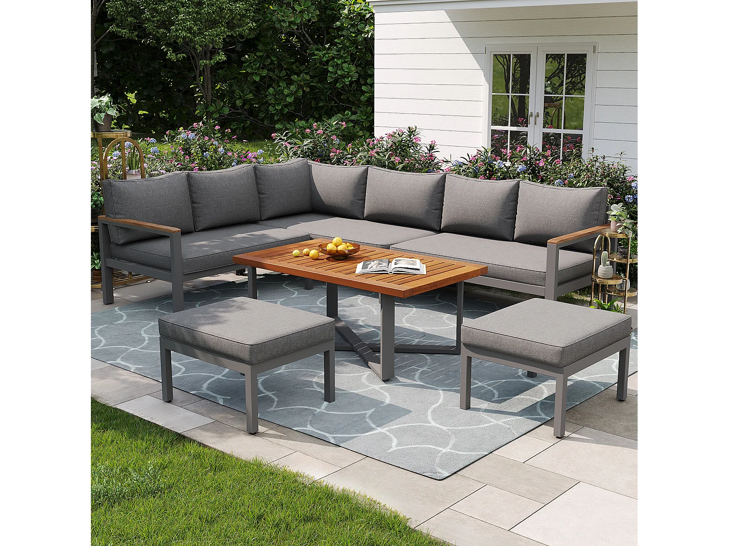 Tuinloungeset voor 7-8 personen, moderne buitenbank met metalen frame, grijs (138x43x92 cm)