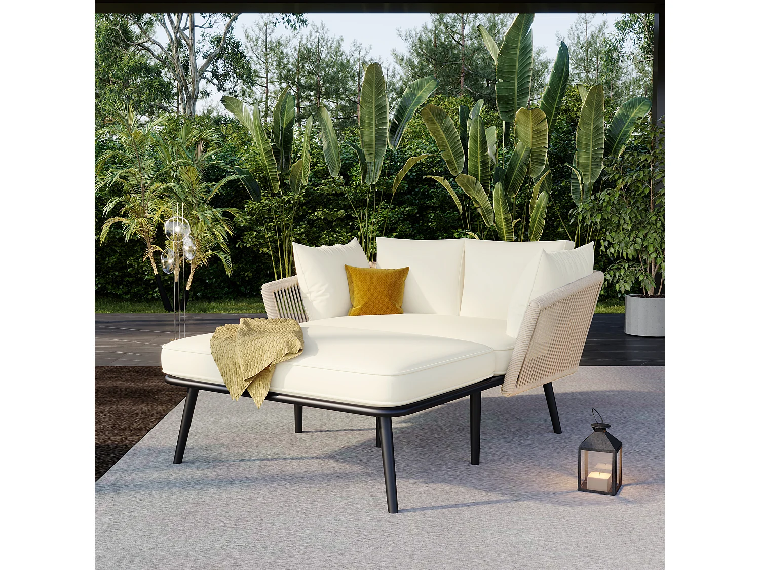Tuinbank met kussens en 2 poefs, buitenlounge, stalen frame, polyester, beige, (104x68,5x28,5 cm)