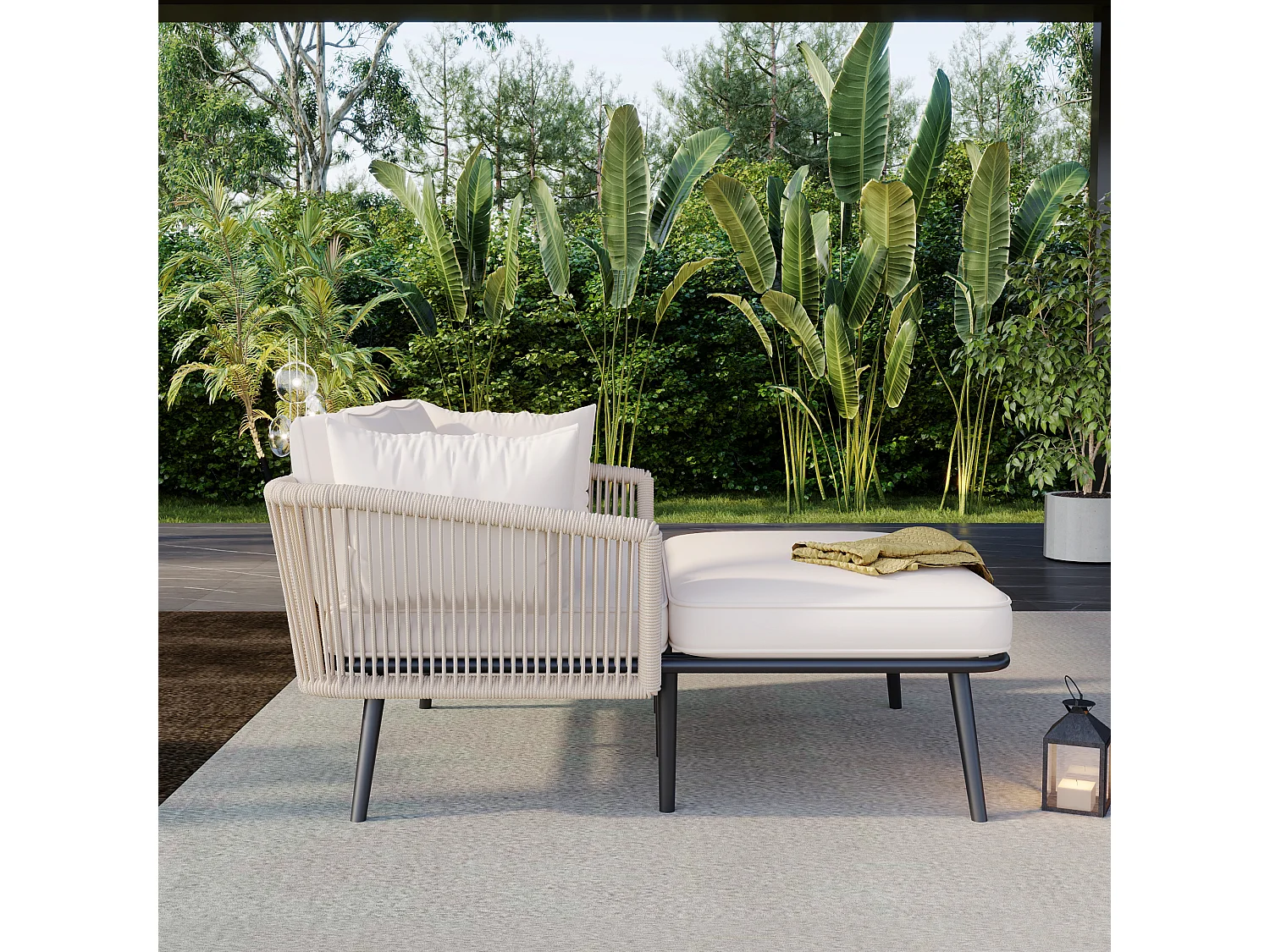 Tuinbank met kussens en 2 poefs, buitenlounge, stalen frame, polyester, beige, (104x68,5x28,5 cm)