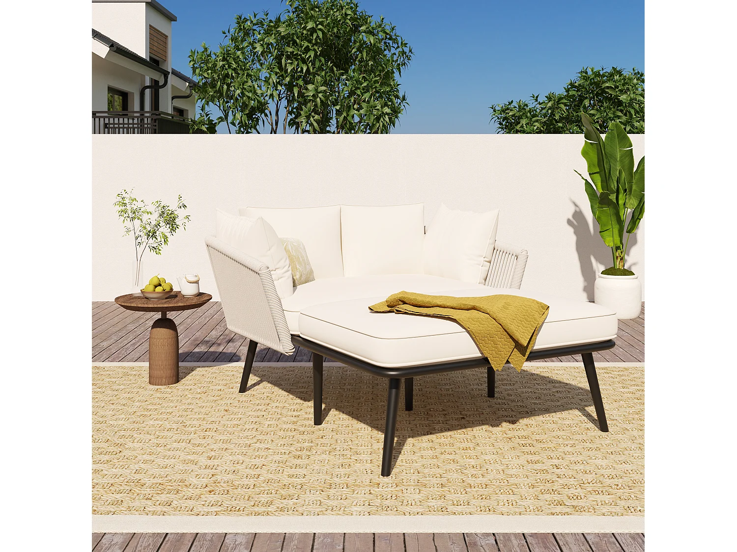 Tuinbank met kussens en 2 poefs, buitenlounge, stalen frame, polyester, beige, (104x68,5x28,5 cm)
