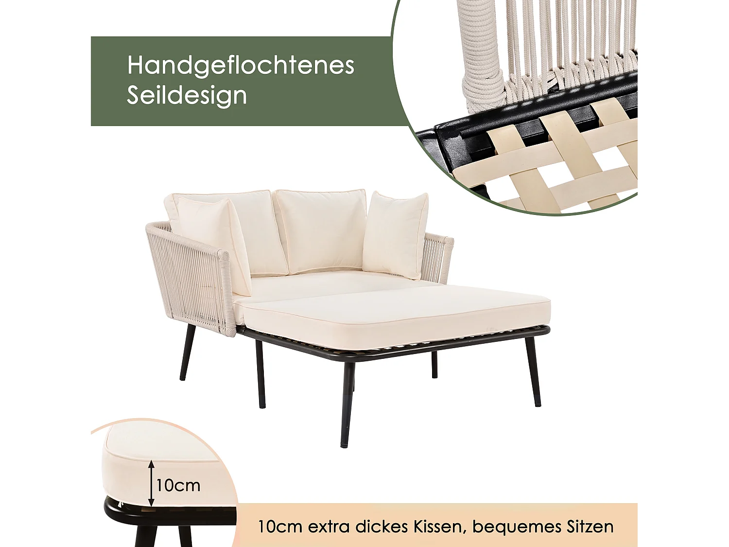 Tuinbank met kussens en 2 poefs, buitenlounge, stalen frame, polyester, beige, (104x68,5x28,5 cm)