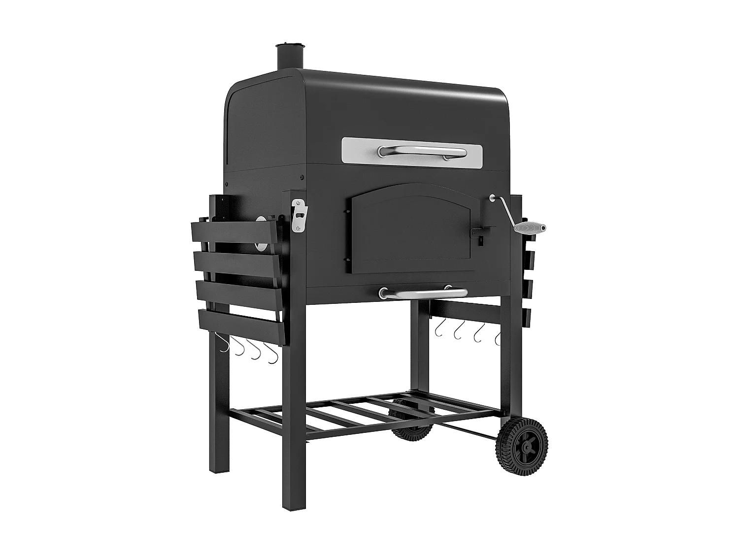 Grill barbecue charbon 3 en 1, avec couvercle, fentes de ventilation, étagères, smoker et roulettes, métal (124x66x112 cm)