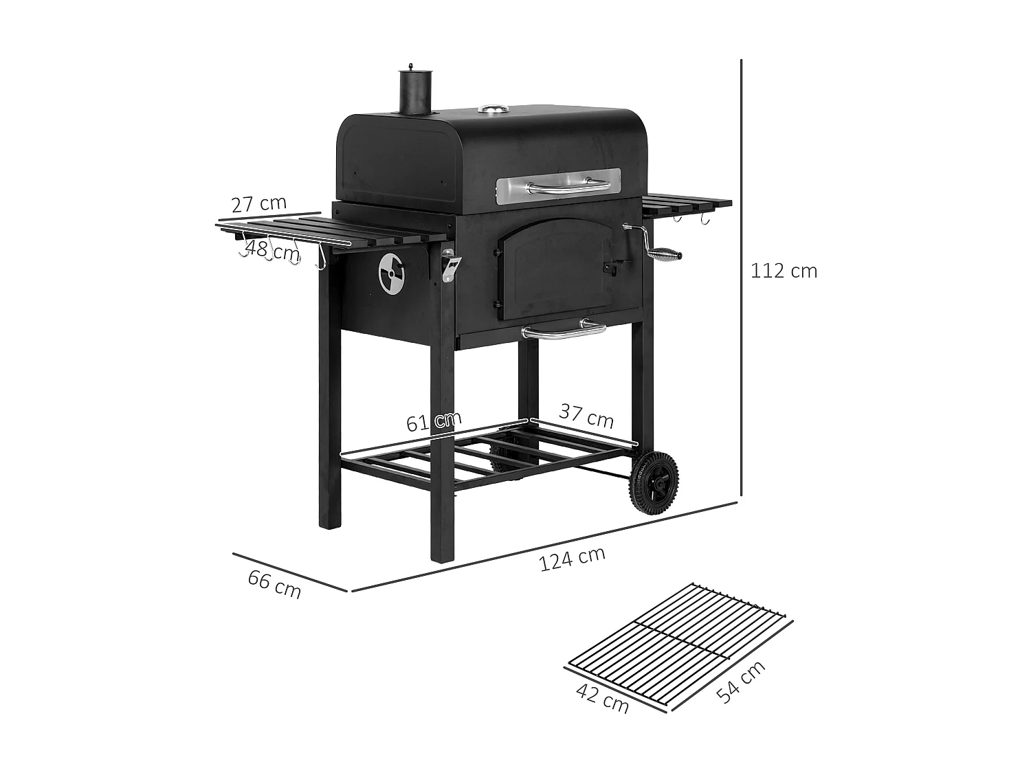 Grill barbecue charbon 3 en 1, avec couvercle, fentes de ventilation, étagères, smoker et roulettes, métal (124x66x112 cm)