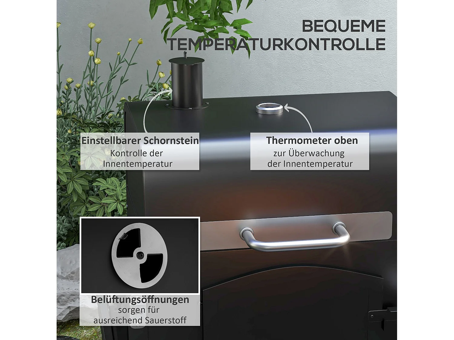 Grill barbecue charbon 3 en 1, avec couvercle, fentes de ventilation, étagères, smoker et roulettes, métal (124x66x112 cm)