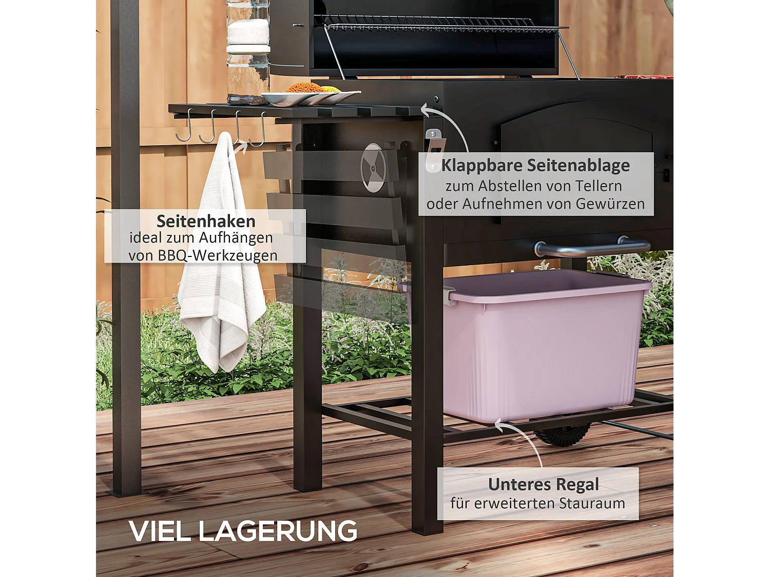 Grill barbecue charbon 3 en 1, avec couvercle, fentes de ventilation, étagères, smoker et roulettes, métal (124x66x112 cm)