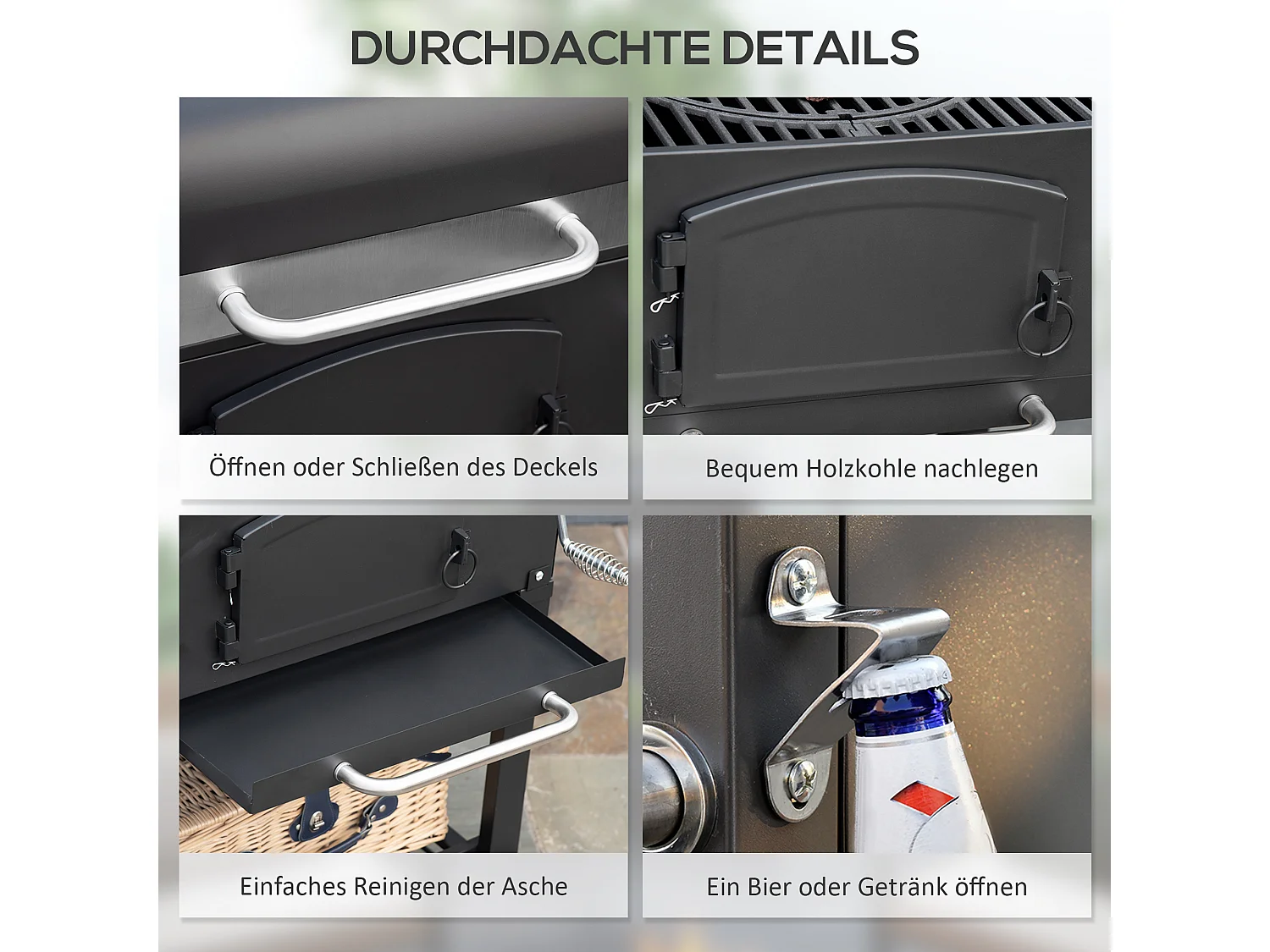 Grill barbecue charbon 3 en 1, avec couvercle, fentes de ventilation, étagères, smoker et roulettes, métal (124x66x112 cm)