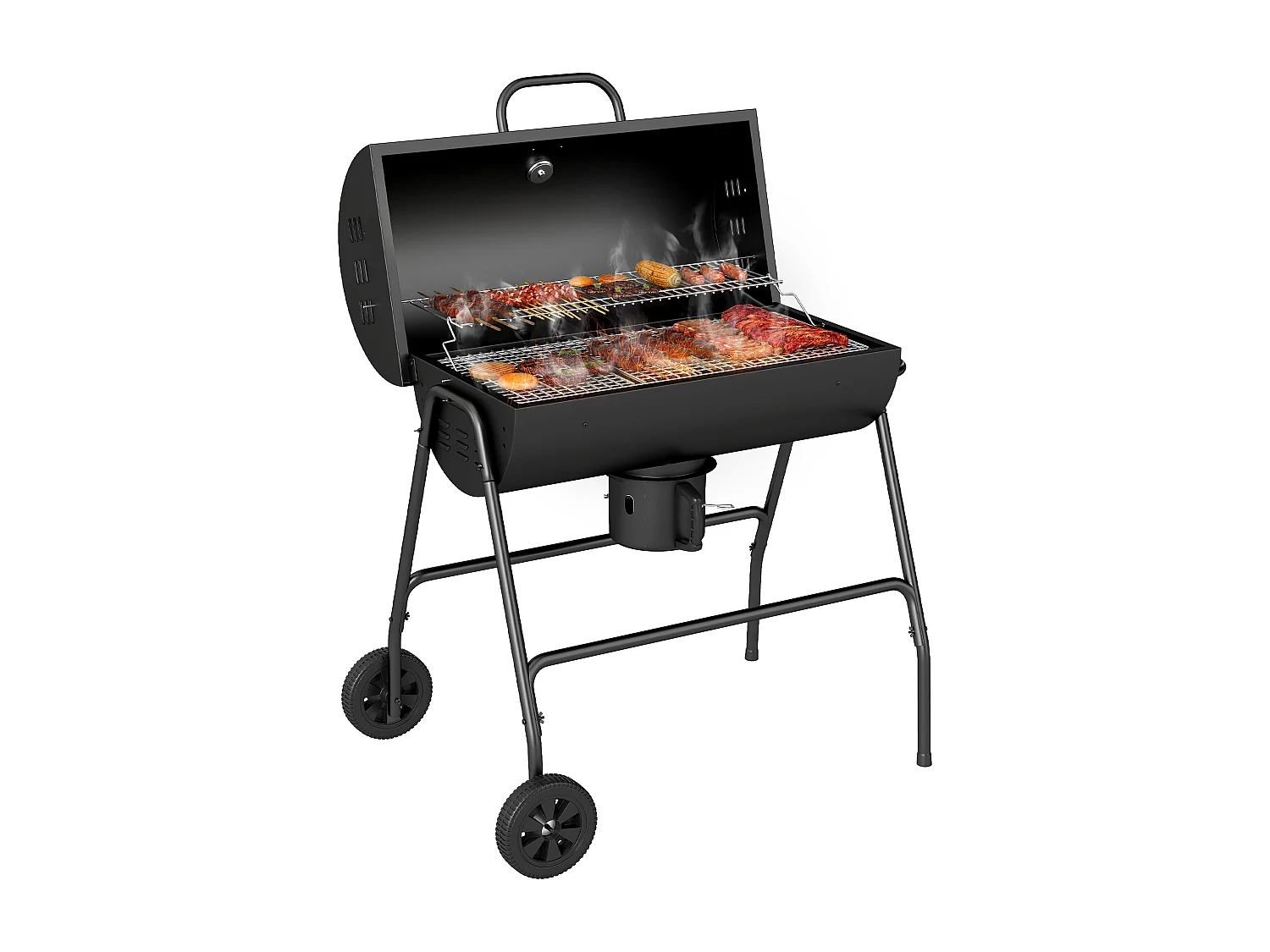 Grill à charbon mobile, avec couvercle et thermomètre, en métal, noir (95x71.5x102 cm)
