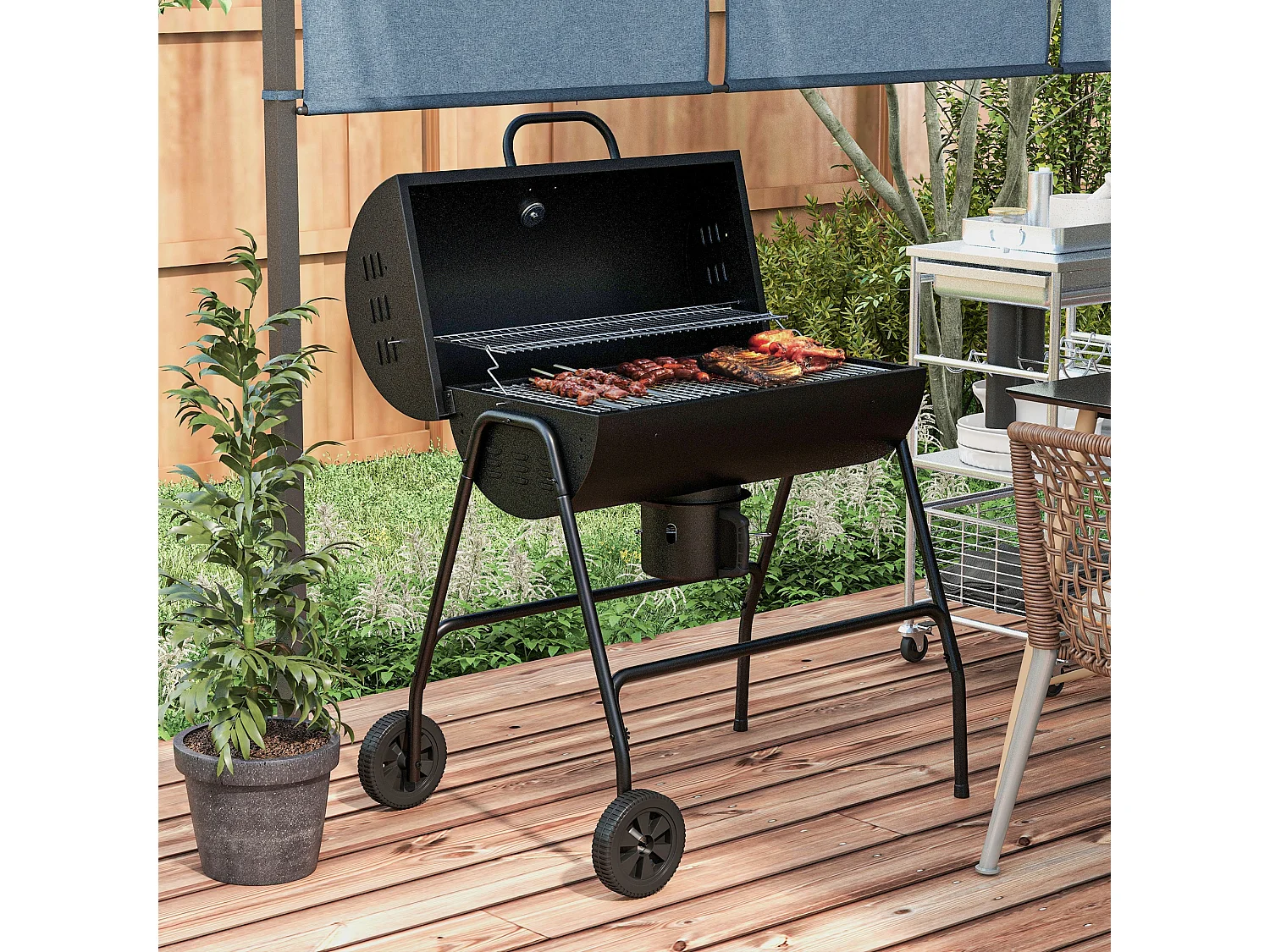 Grill à charbon mobile, avec couvercle et thermomètre, en métal, noir (95x71.5x102 cm)