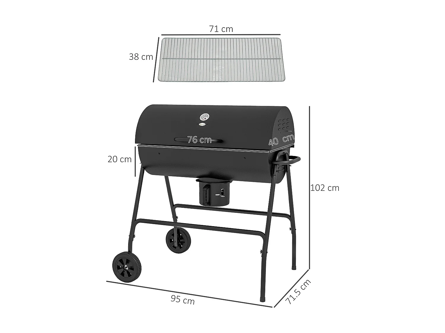 Grill à charbon mobile, avec couvercle et thermomètre, en métal, noir (95x71.5x102 cm)