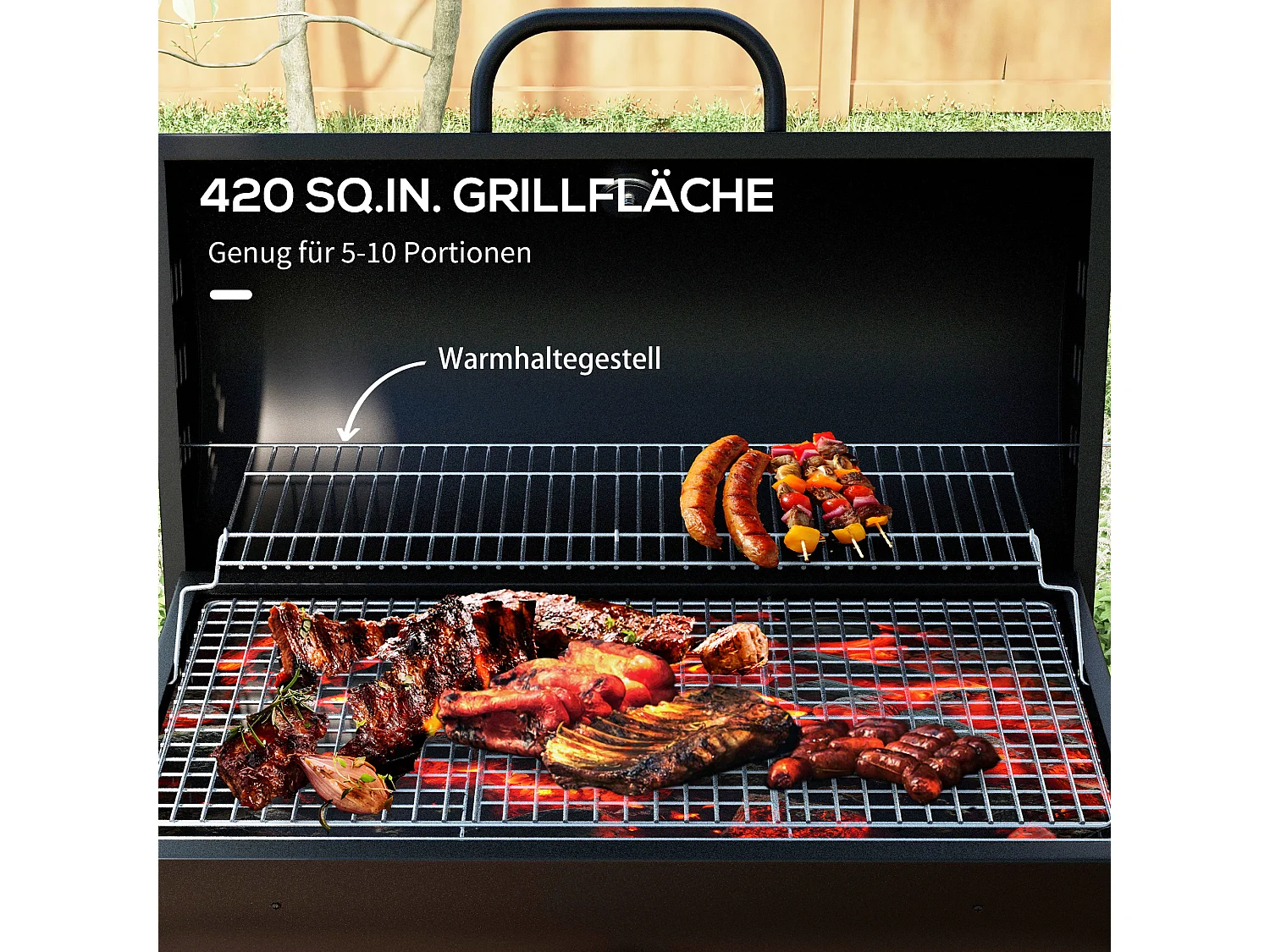 Grill à charbon mobile, avec couvercle et thermomètre, en métal, noir (95x71.5x102 cm)