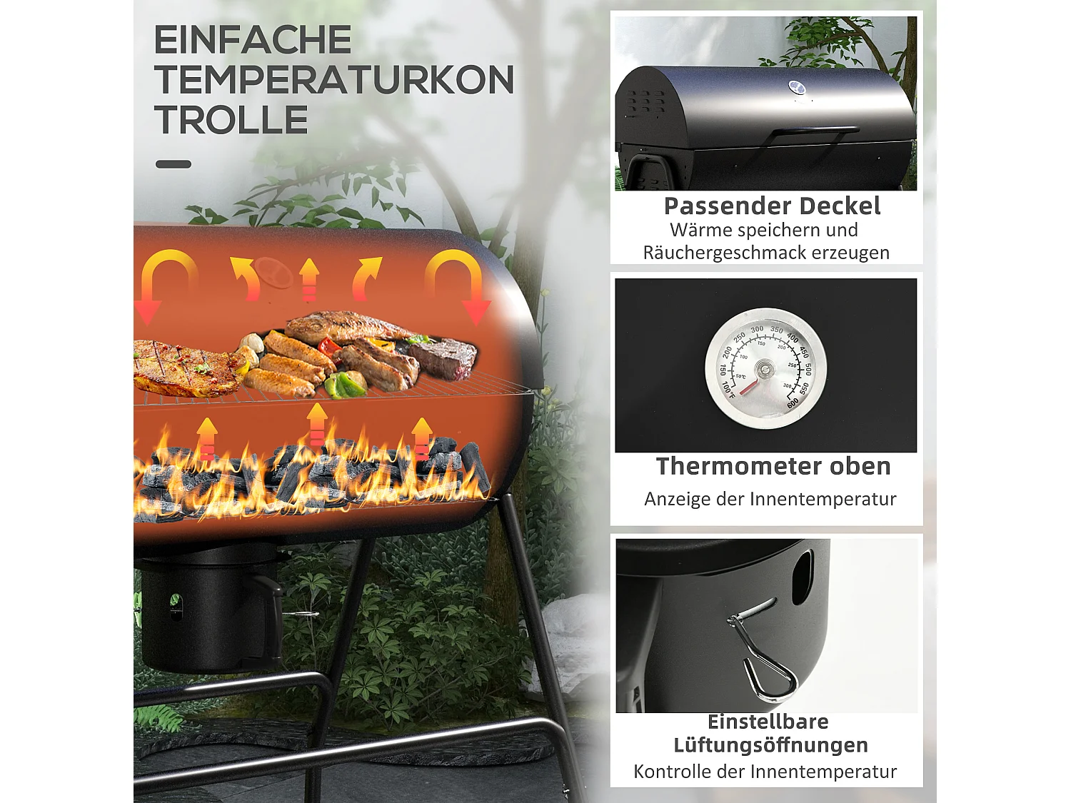 Grill à charbon mobile, avec couvercle et thermomètre, en métal, noir (95x71.5x102 cm)