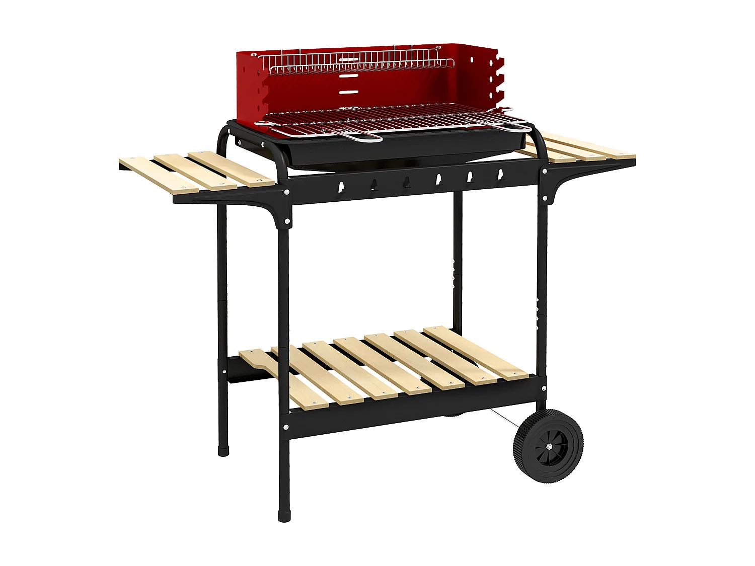 Grill BBQ en métal avec roues, grille réglable en hauteur, étagère en bois, chariot mobile pour barbecue, gris (103x47x95 cm)