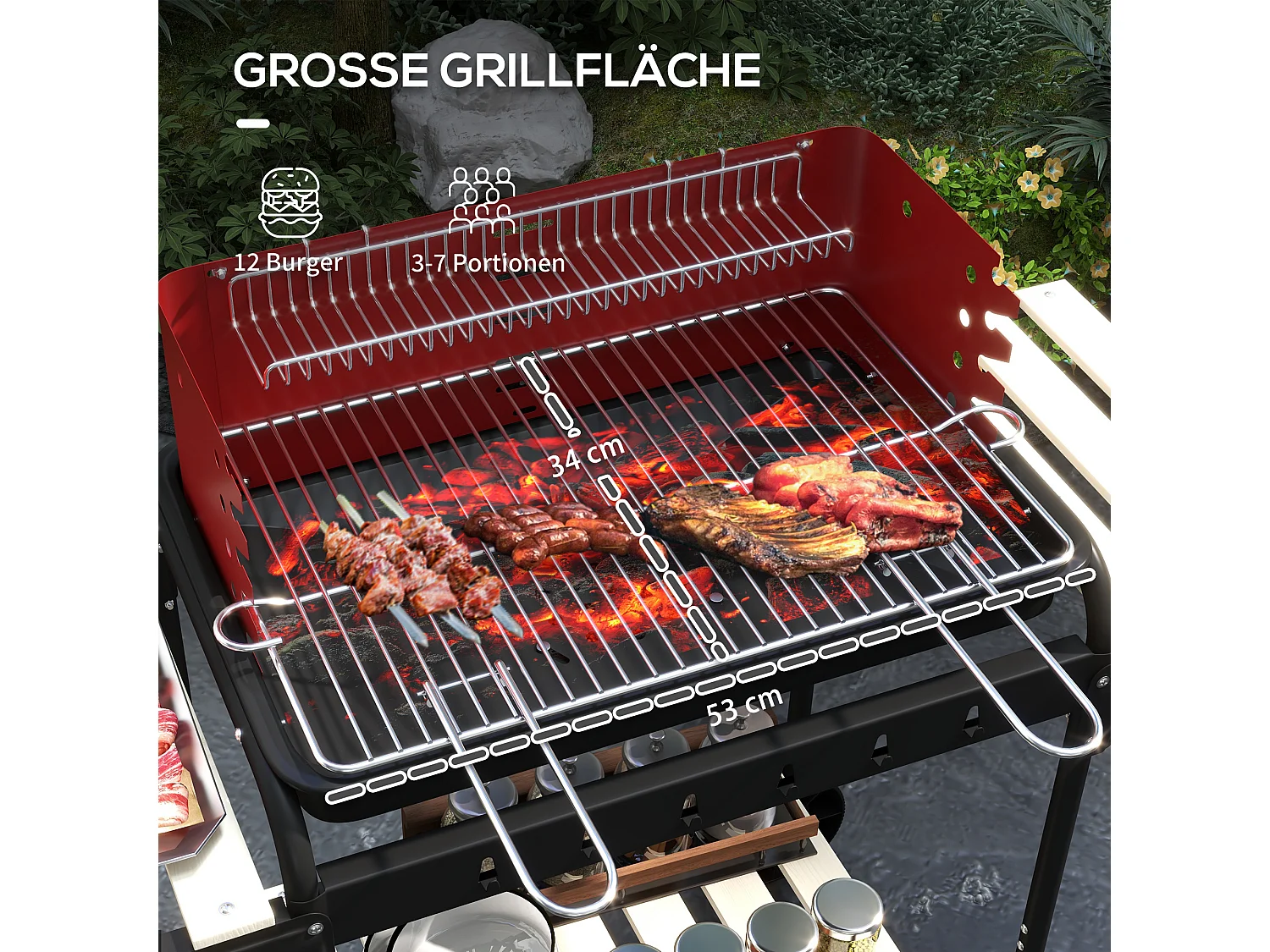 Grill BBQ en métal avec roues, grille réglable en hauteur, étagère en bois, chariot mobile pour barbecue, gris (103x47x95 cm)