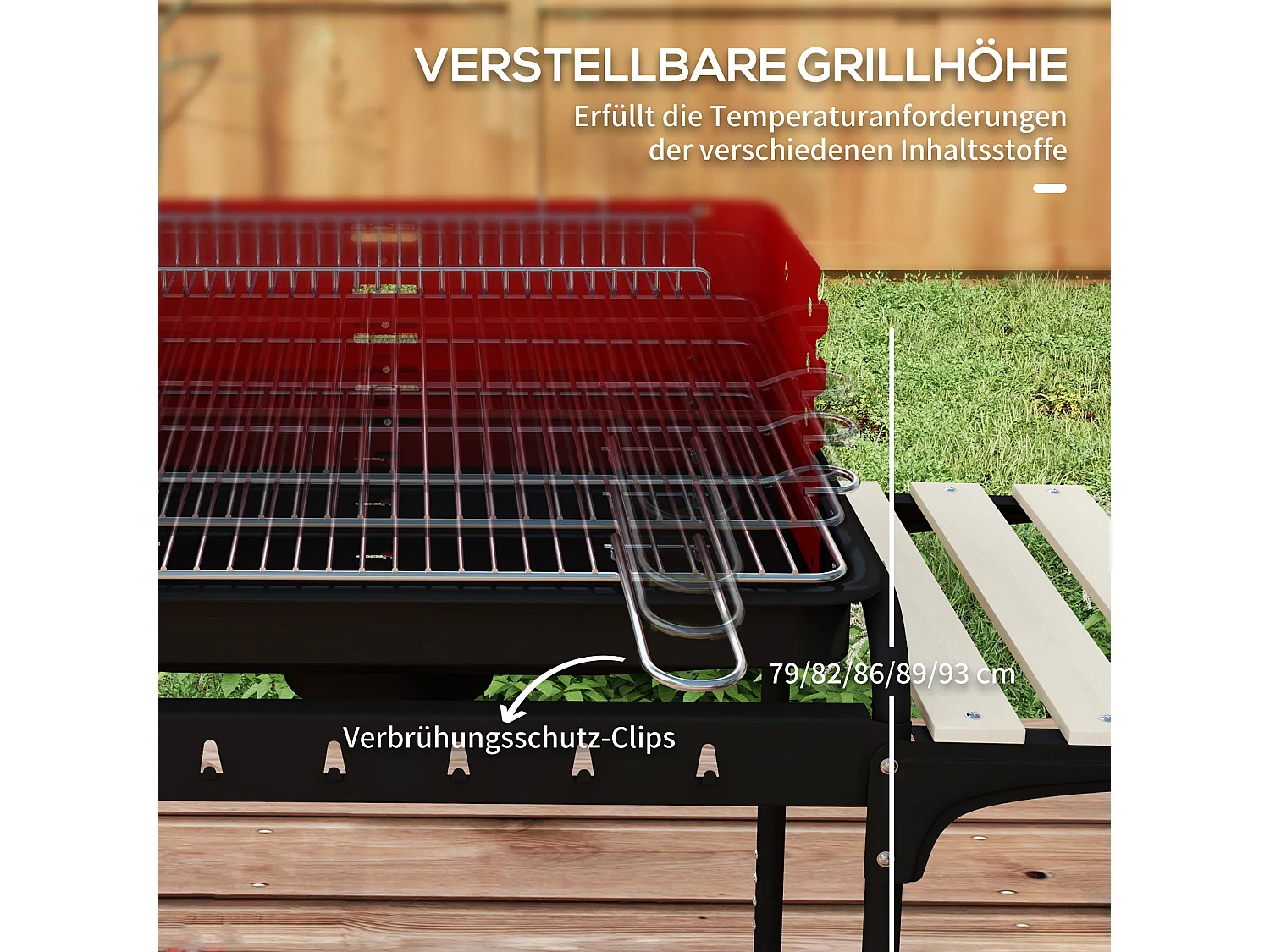 Grill BBQ en métal avec roues, grille réglable en hauteur, étagère en bois, chariot mobile pour barbecue, gris (103x47x95 cm)