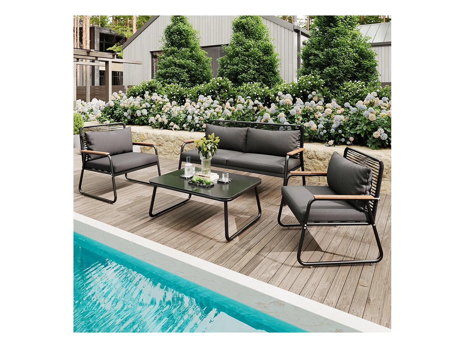 Conjunto de muebles de jardín de 4 piezas, sofá esquinero de metal galvanizado, cojines grises, con mesa de cristal templado (118x65x78 cm)