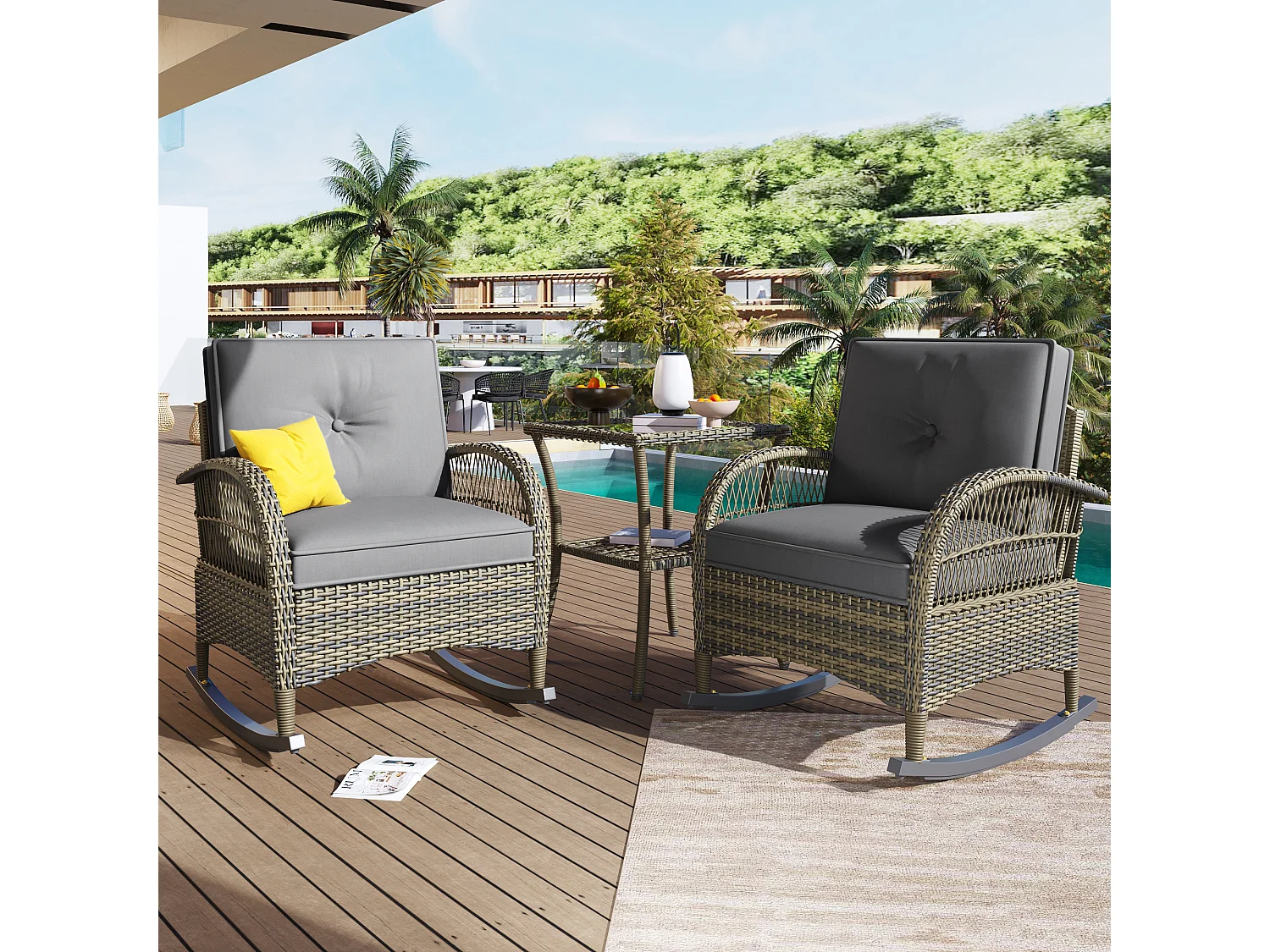 Set de balcon en rattan (3 pièces), coussins gris, capacité 160 kg (dimensions non spécifiées)