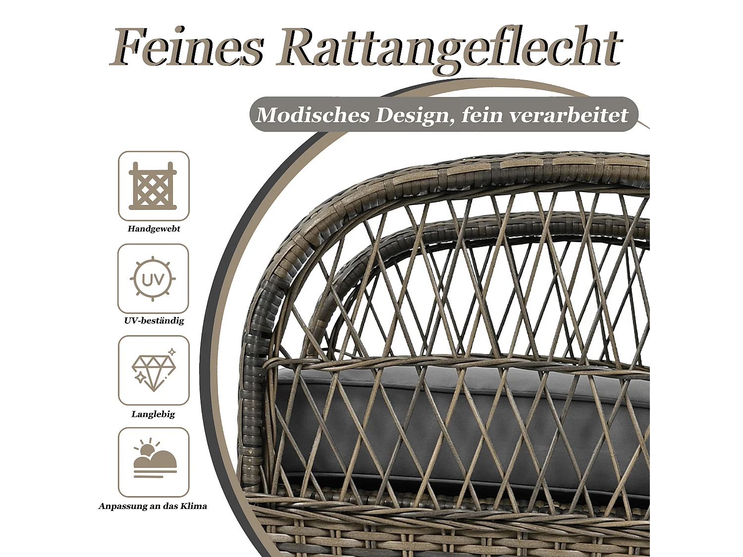 Set de balcon en rattan (3 pièces), coussins gris, capacité 160 kg (dimensions non spécifiées)