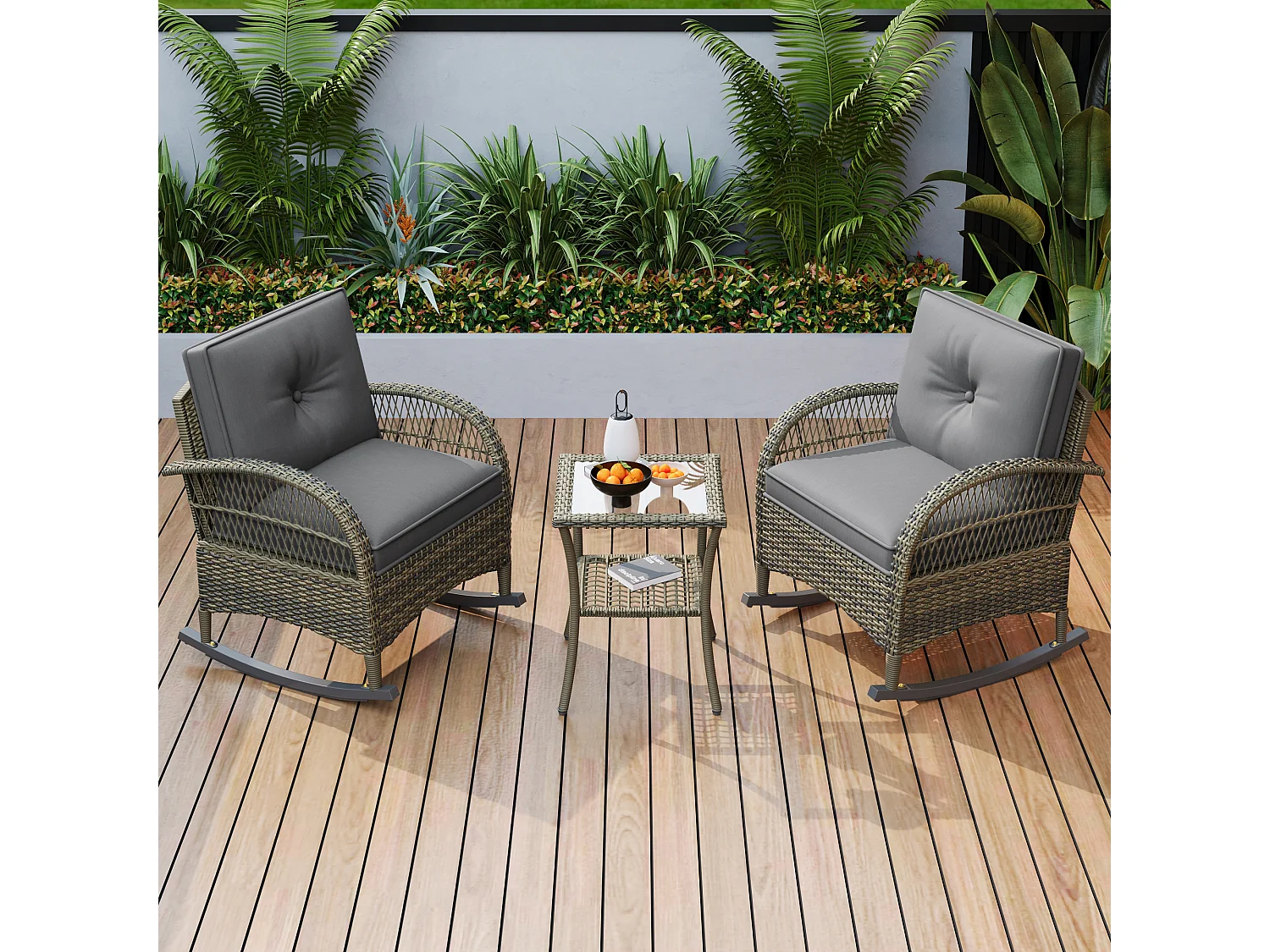 Set de balcon en rattan (3 pièces), coussins gris, capacité 160 kg (dimensions non spécifiées)