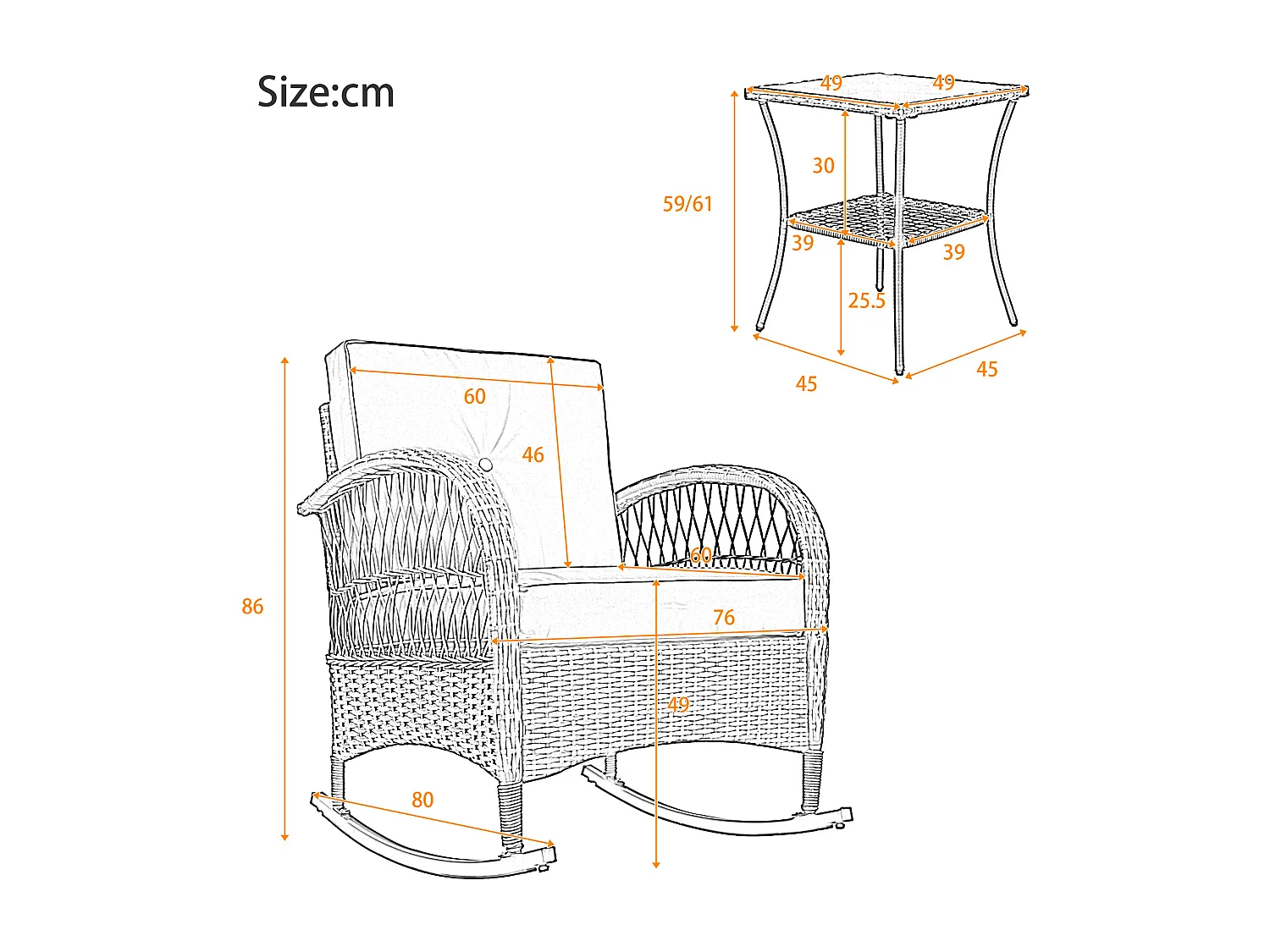 Set de balcon en rattan (3 pièces), coussins gris, capacité 160 kg (dimensions non spécifiées)