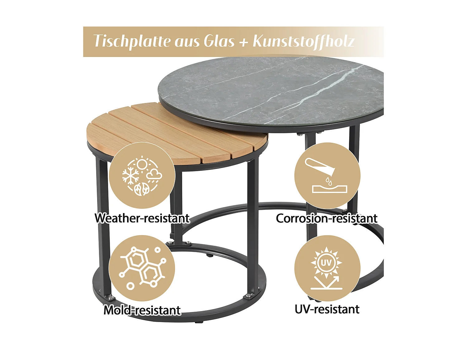 Salon de jardin, canapé 3 places + 2 fauteuils + 2 tables basses, acier galvanisé, verre marbré et bois composite, gris