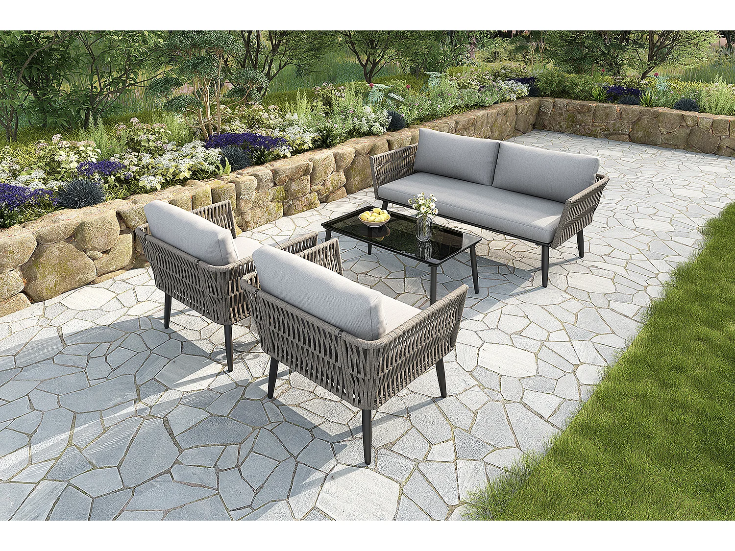 Salon de jardin, canapé d'angle, fauteuil, table basse, acier galvanisé, bois d'acacia, gris (dimensions sur image)