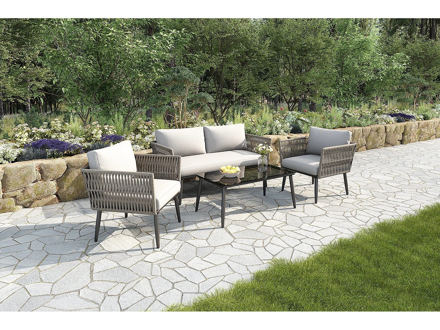 Salon de jardin, canapé d'angle, fauteuil, table basse, acier galvanisé, bois d'acacia, gris (dimensions sur image)