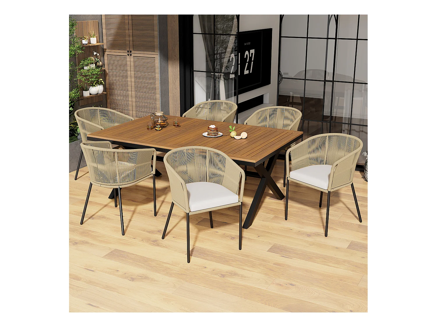 Ensemble de salle à manger de jardin (7 pièces), canapé en corde, table en acacia, 6 chaises avec coussins amovibles et lavables