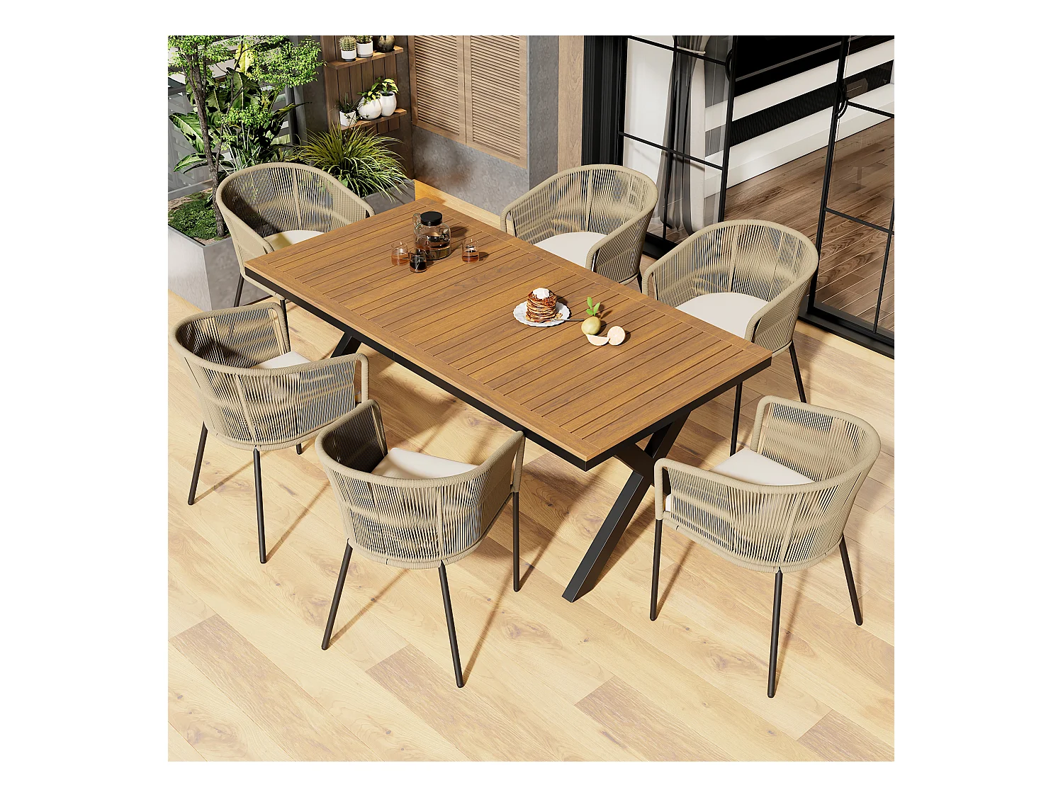 Ensemble de salle à manger de jardin (7 pièces), canapé en corde, table en acacia, 6 chaises avec coussins amovibles et lavables