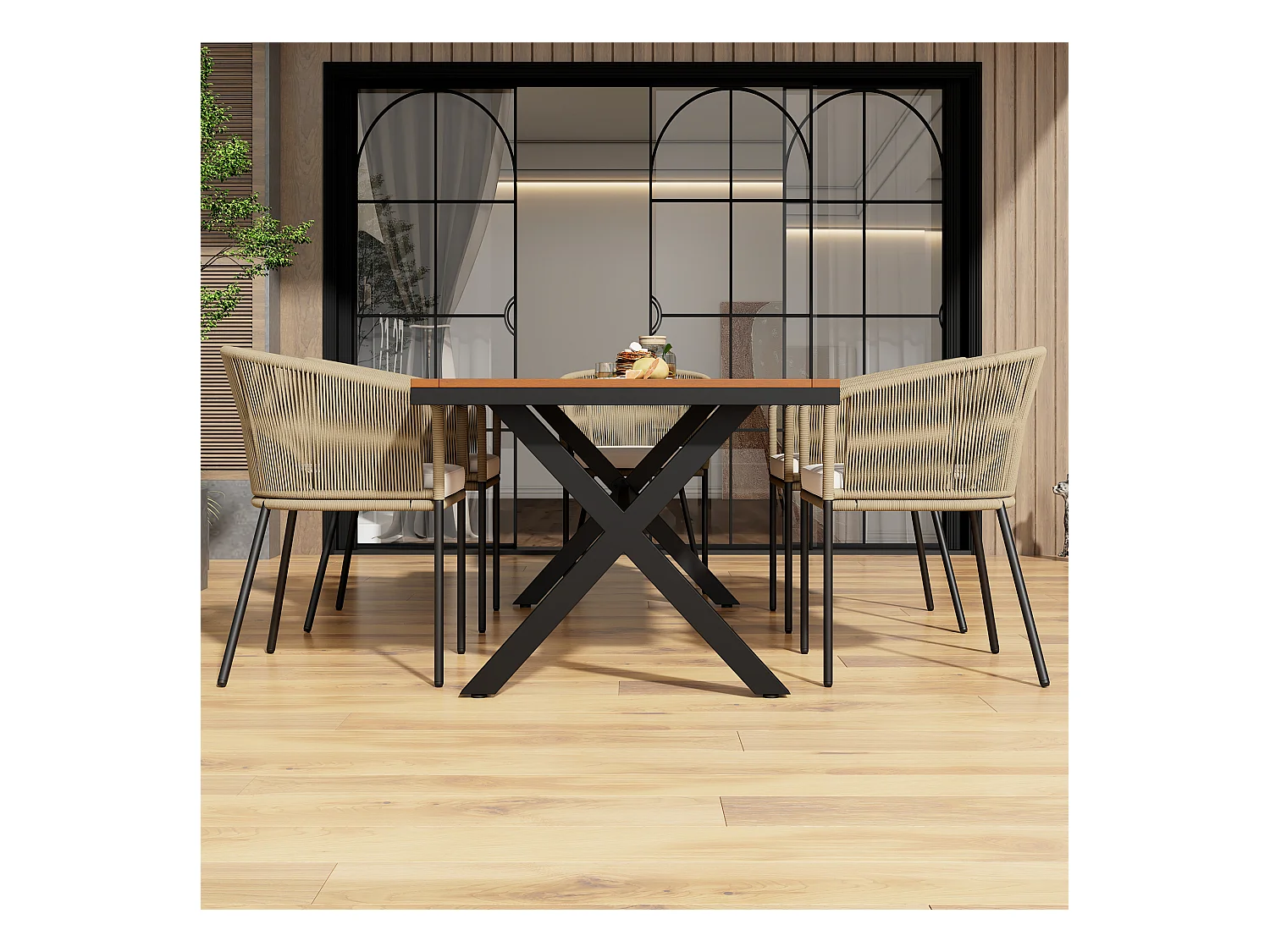 Ensemble de salle à manger de jardin (7 pièces), canapé en corde, table en acacia, 6 chaises avec coussins amovibles et lavables