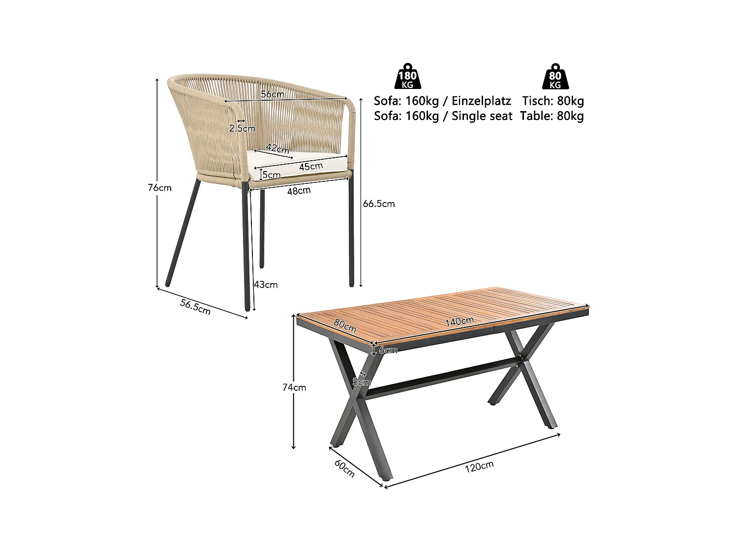 Ensemble de salle à manger de jardin (7 pièces), canapé en corde, table en acacia, 6 chaises avec coussins amovibles et lavables