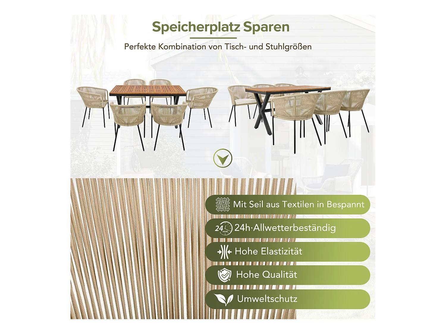 Ensemble de salle à manger de jardin (7 pièces), canapé en corde, table en acacia, 6 chaises avec coussins amovibles et lavables