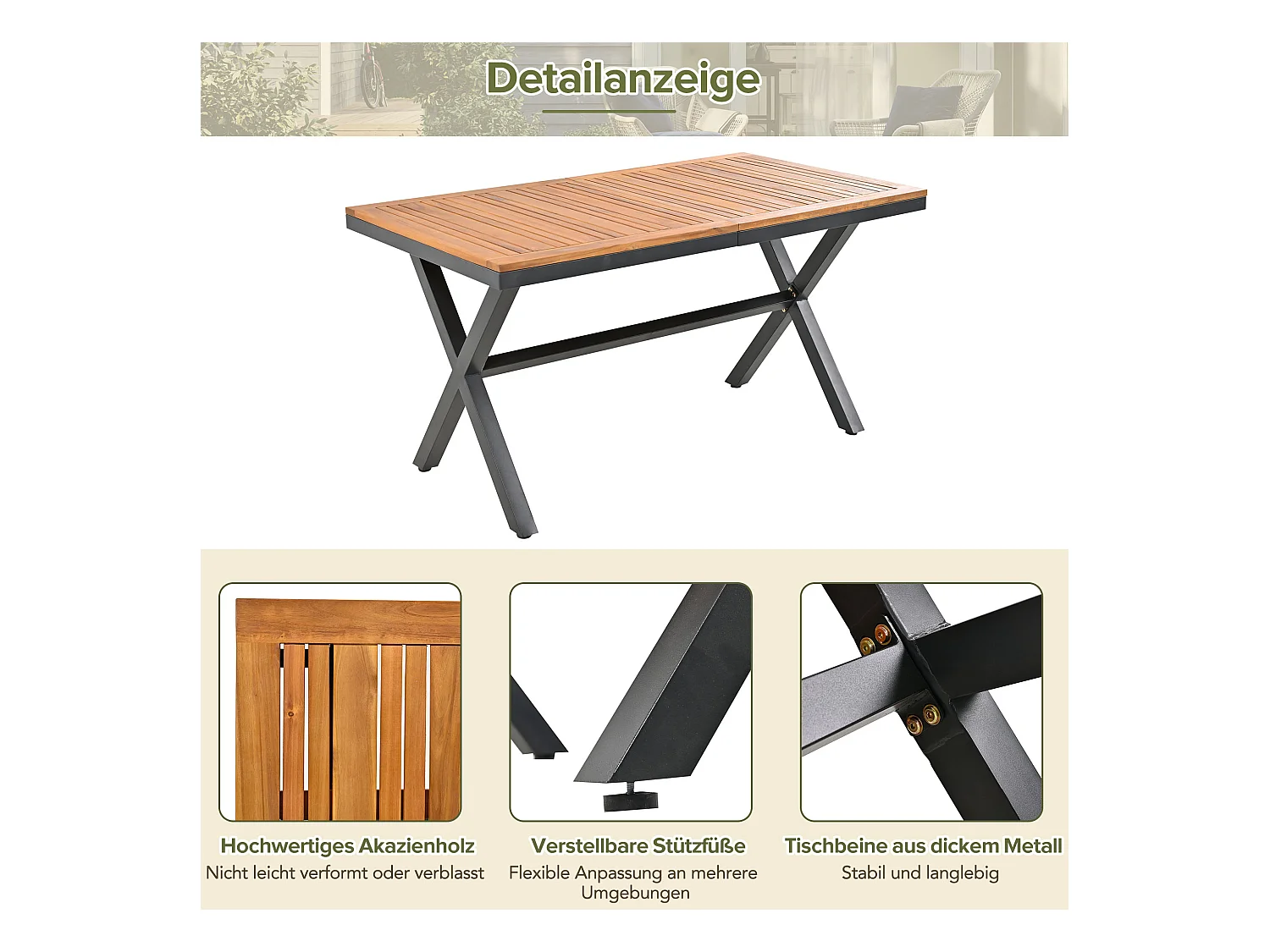 Ensemble de salle à manger de jardin (7 pièces), canapé en corde, table en acacia, 6 chaises avec coussins amovibles et lavables