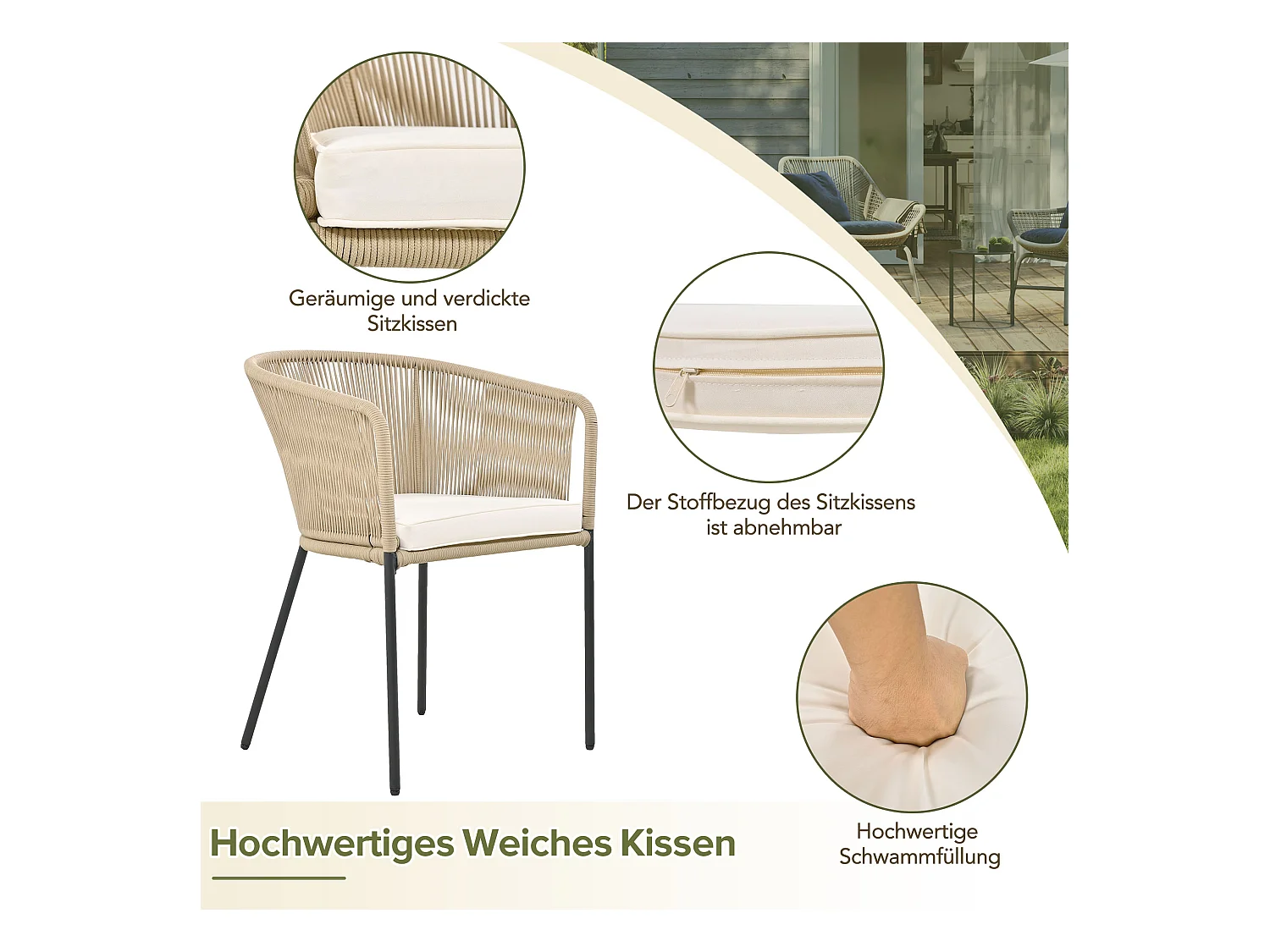 Ensemble de salle à manger de jardin (7 pièces), canapé en corde, table en acacia, 6 chaises avec coussins amovibles et lavables